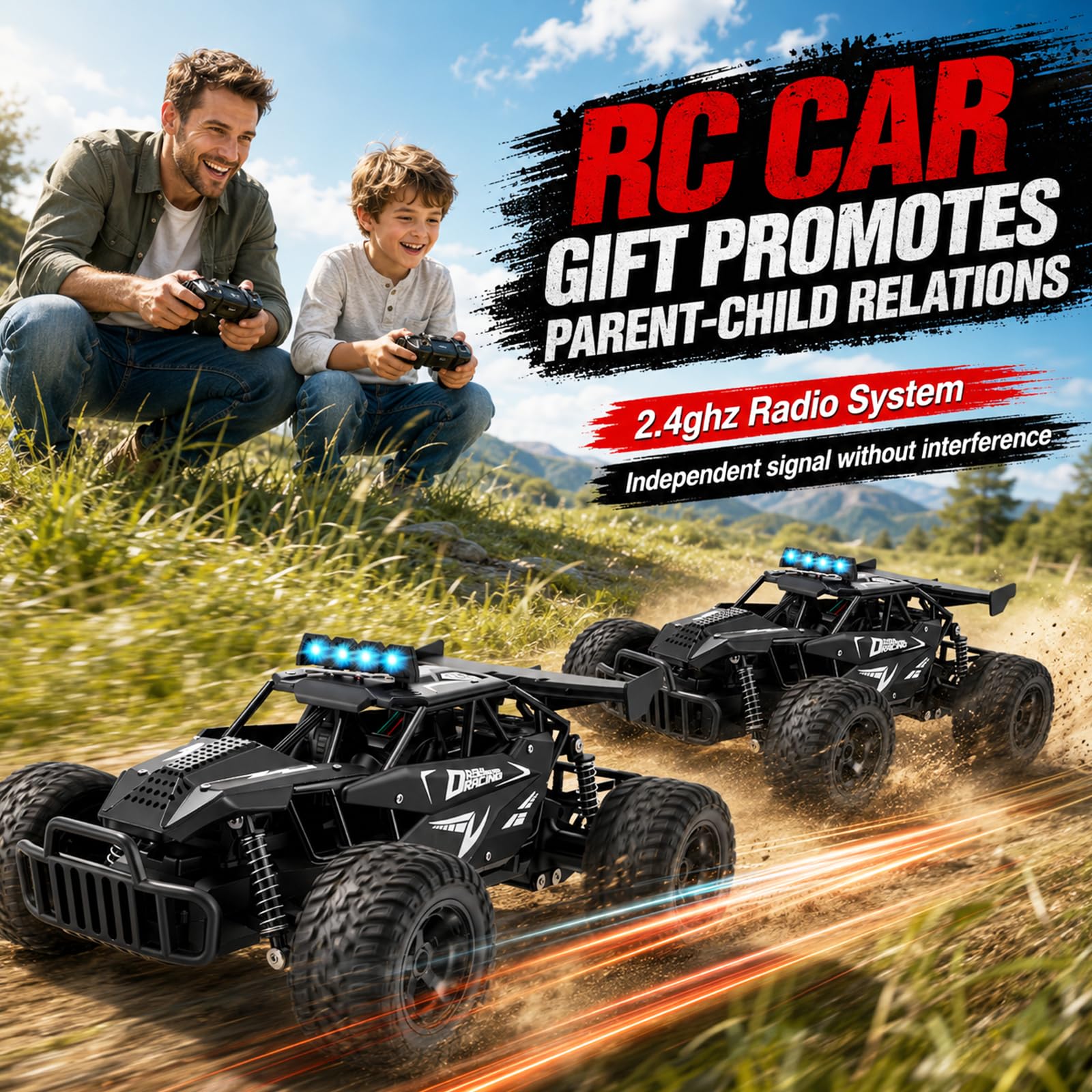 Coche teledirigido Offroad escala 1:12, 500 mAh RC Auto 20-25 km/h con 2 baterías y 50 min de tiempo de reproducción, todo terreno Monster Truck con mando a distancia de 2,4 GHz, juguete para niños a