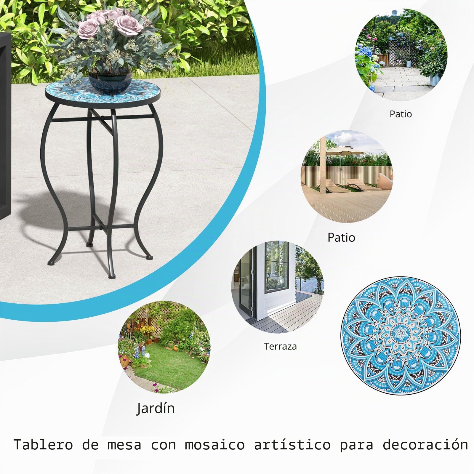 GOPLUS Mesa auxiliar de mosaico, mesa auxiliar redonda con bandeja de baldosas y marco de metal resistente, soporte para plantas, apto para balcón, terraza, jardín, 30 x 30 x 50 cm (azul+negro)