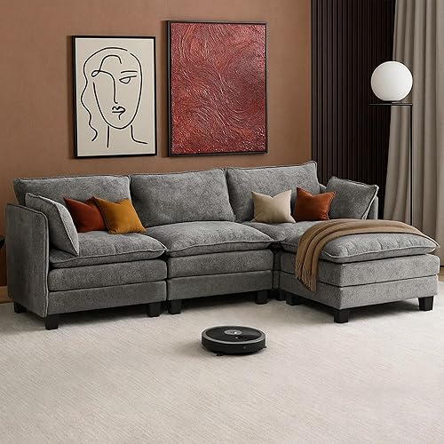 Miniatura 13 de Sofá modular de 111 pulgadas en forma de L con sofá otomano de felpilla con almohada para sala de estar, dormitorio y apartamento, 5 asientos, color