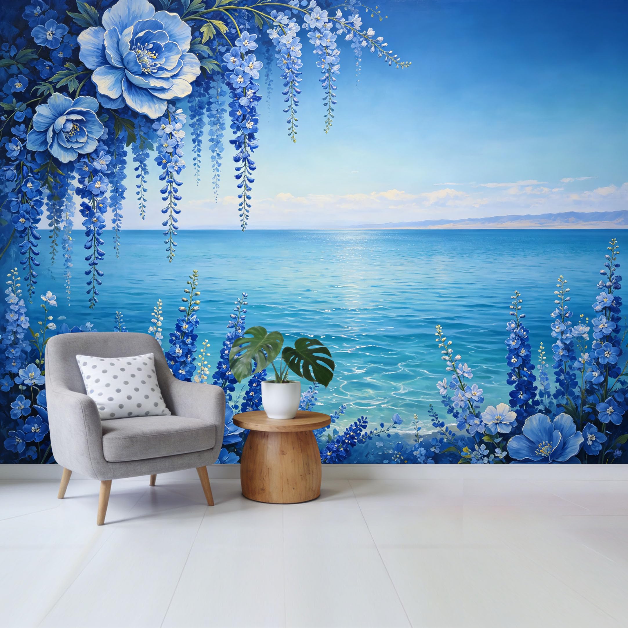Qzlithotic Yq2605250425 Custom Size Wall Mural Blue Floral Ocean Landscape Watercolor Art Selfadhesive Wall Fabric Removable Wallpaper For Home Office Decor