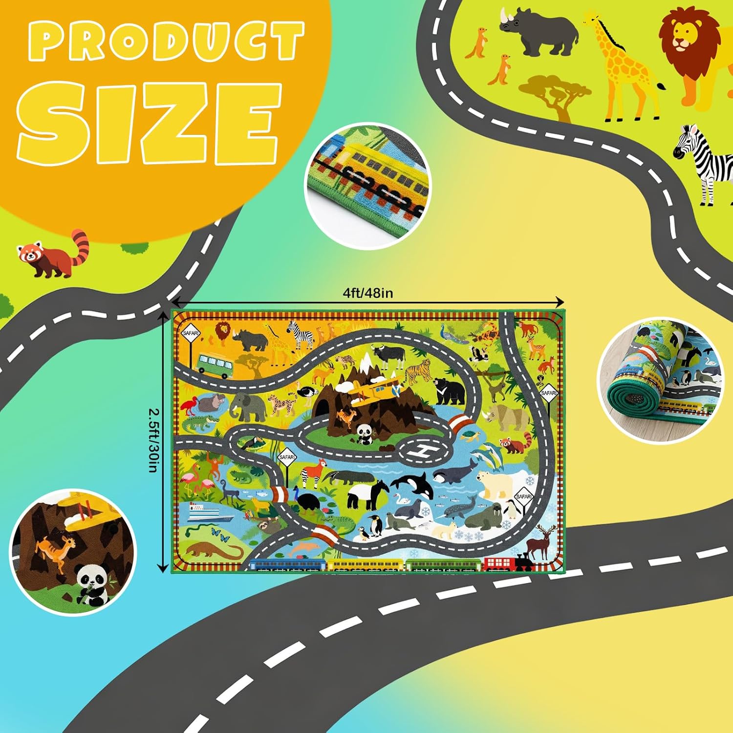2.5x4 Feet Kids Car Rug Animals Zoo Road Play Mat +2. 5x4 Feet Road Map Carpet for Kids - Kids Rugs for Playroom
