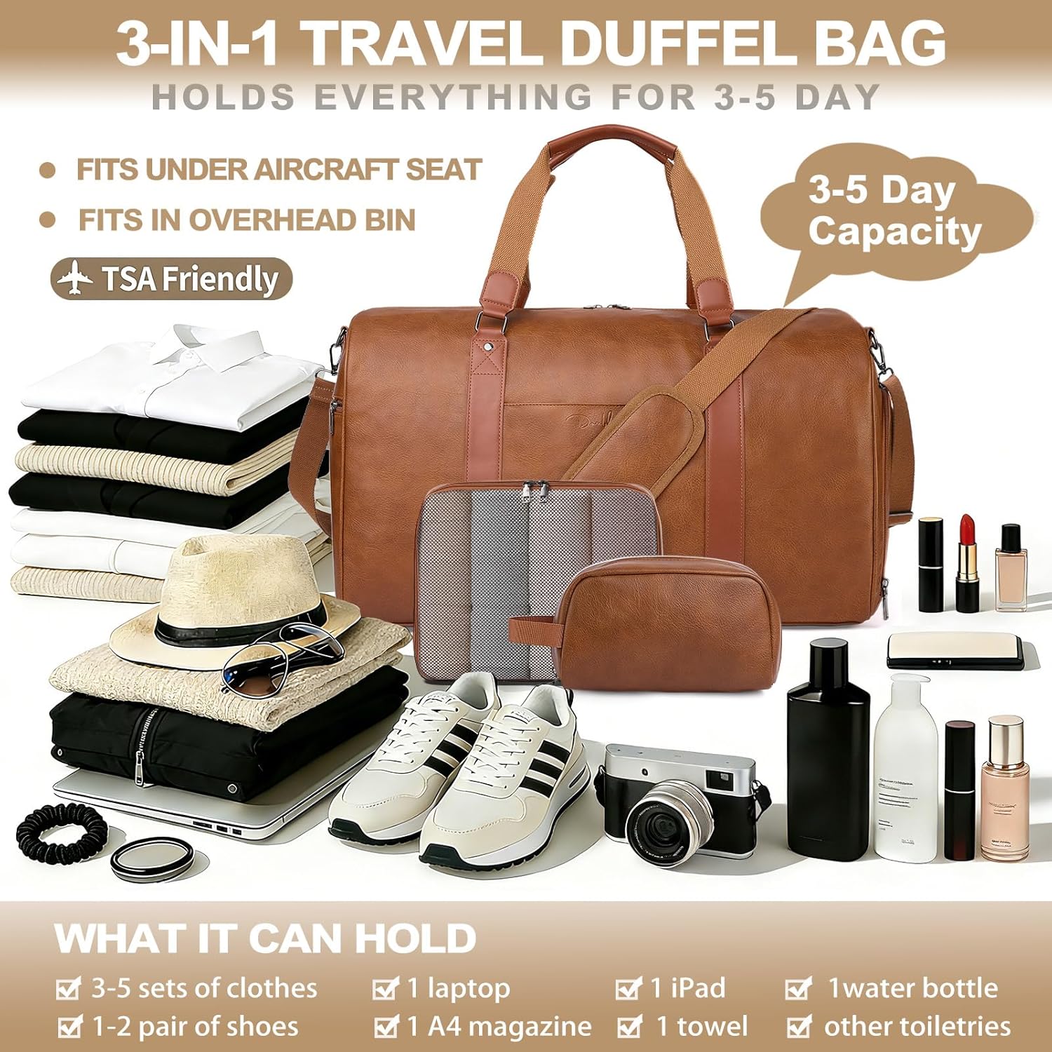 3-in-1 Leather Duffle Bag for Travel with Toiletry Bag and Shoe Compartment, Weekender Overnight Gym Bag for Men Women, Carry On Bag Fits 21 Inch Laptop - Image 5