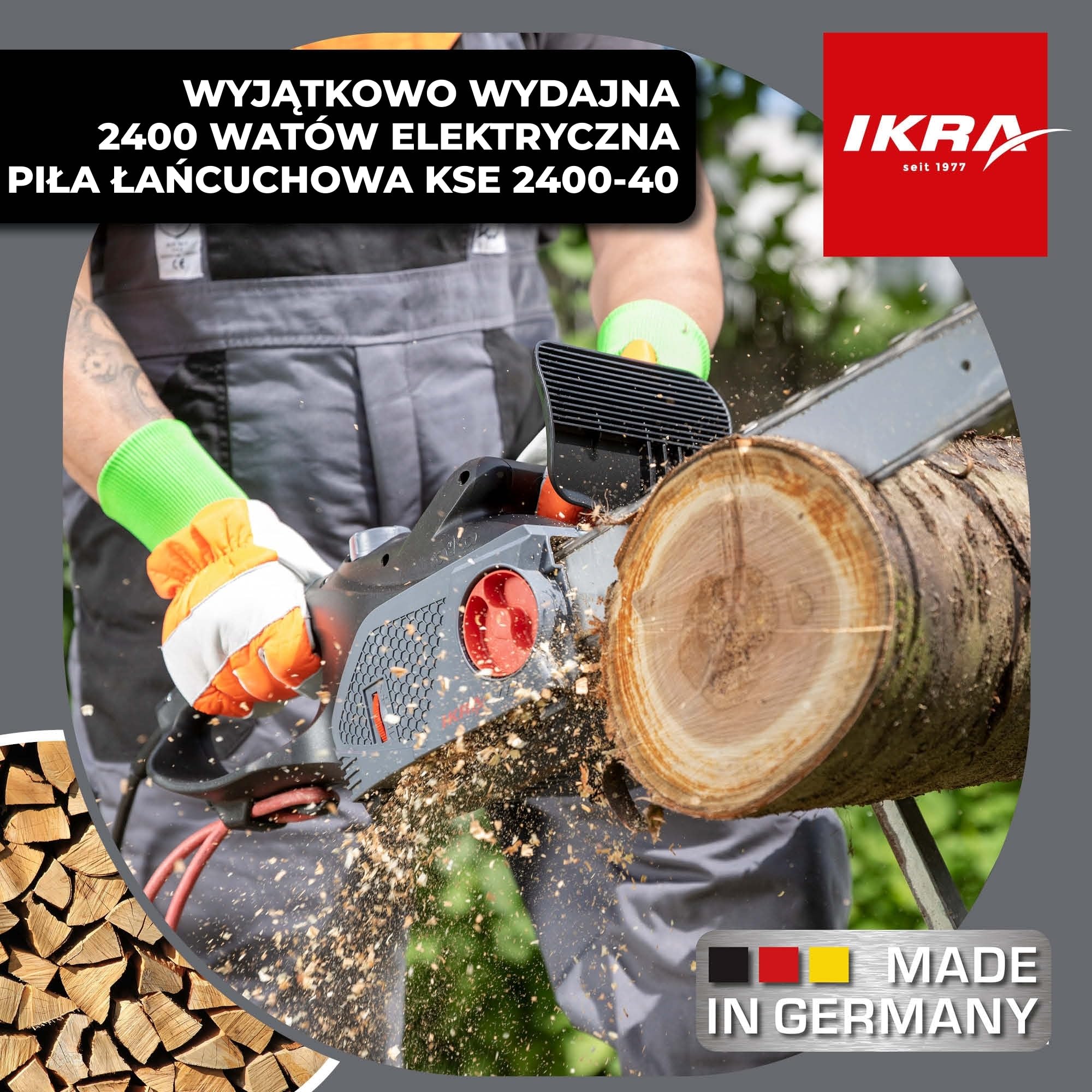 IKRA Pilarka łańcuchowa elektryczna KSE 2400-40, 2 zapasowe łańcuchy | Długość cięcia 40 cm, łańcuch o niskich wibracjach, beznarzędziowy montaż i napinanie, 2400 W, wzmocniona metalem przekładnia
