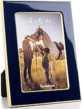 Fun Memories 4x6 Picture Frame - Navy Blue Enamel Glass Photo Frame with Gold Metal Edge & Easel for Display Picture Frame on Countertops, Tabletops, Bookshelves, Desks, Walls (Navy W/Gold)