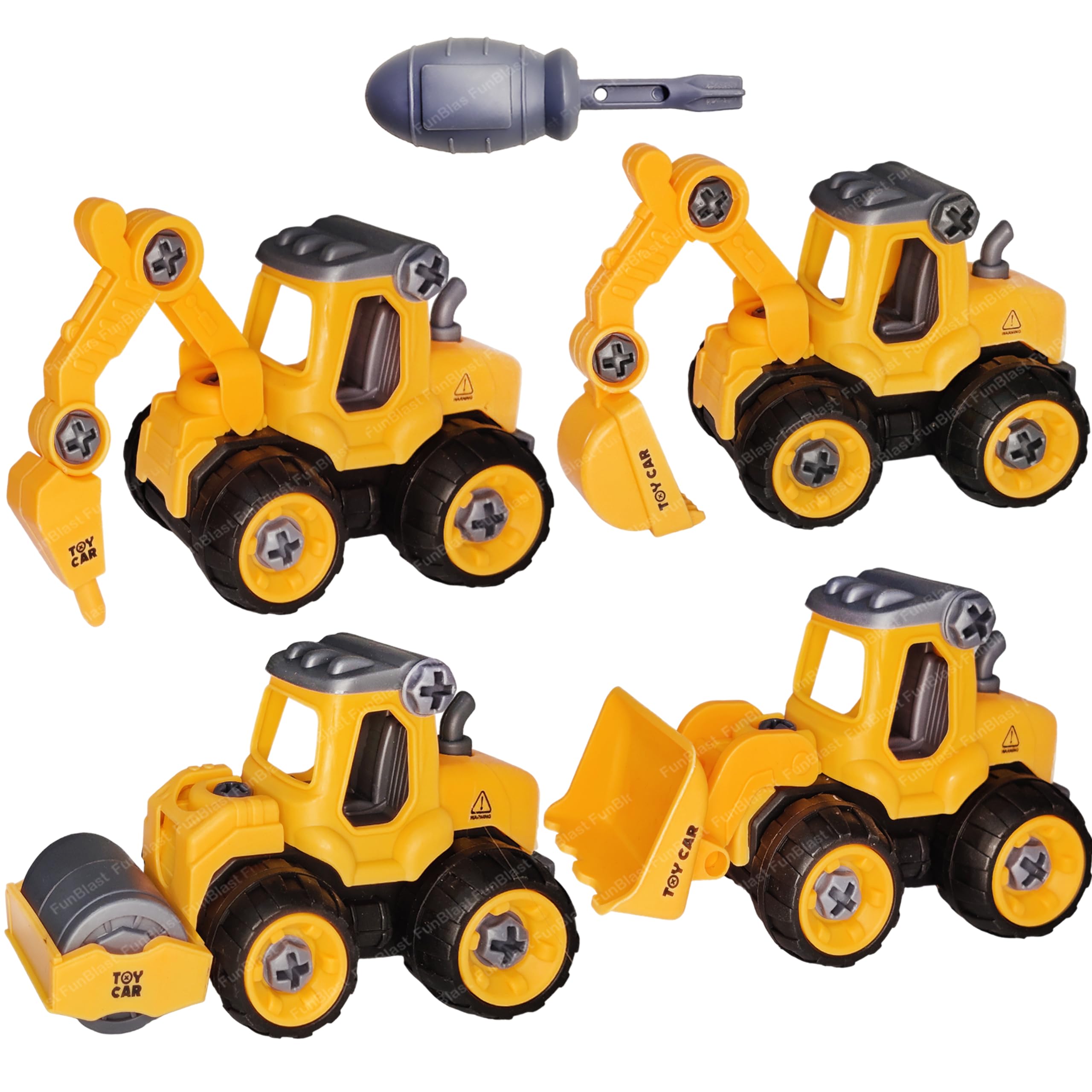 FunBlast Construction Vehicles Set, Pack of 4 DIY Assembling & Building Construction Trucks with 1 Screwdriver, Kids Building Vehicles Toys for 2+ Year Old Kids, Boys, Girls (Yellow)