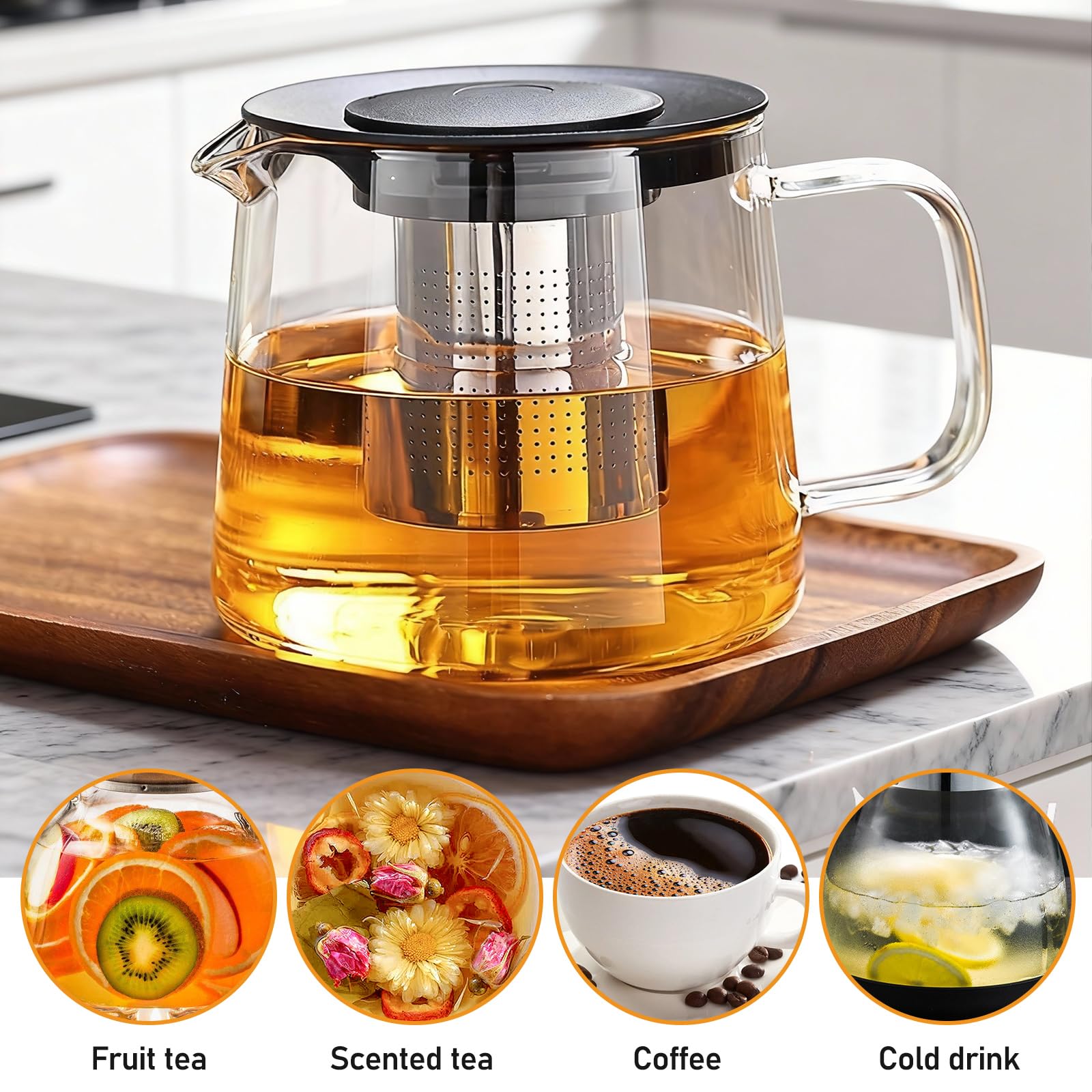 Teiera in vetro da 1500 ml, caraffa in vetro borosilicato con infusore rimovibile, lavabile in lavastoviglie, ideale per tè, caffè, tè alla frutta e tè alle erbe (nero)