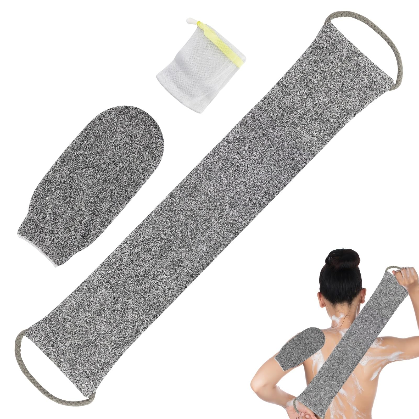 3 panni per la schiena per doccia in fibra di bambù, scrubber spugna, spazzola posteriore, scarpe da massaggio con dorso e mitt con sacchetto di sapone (grigio)