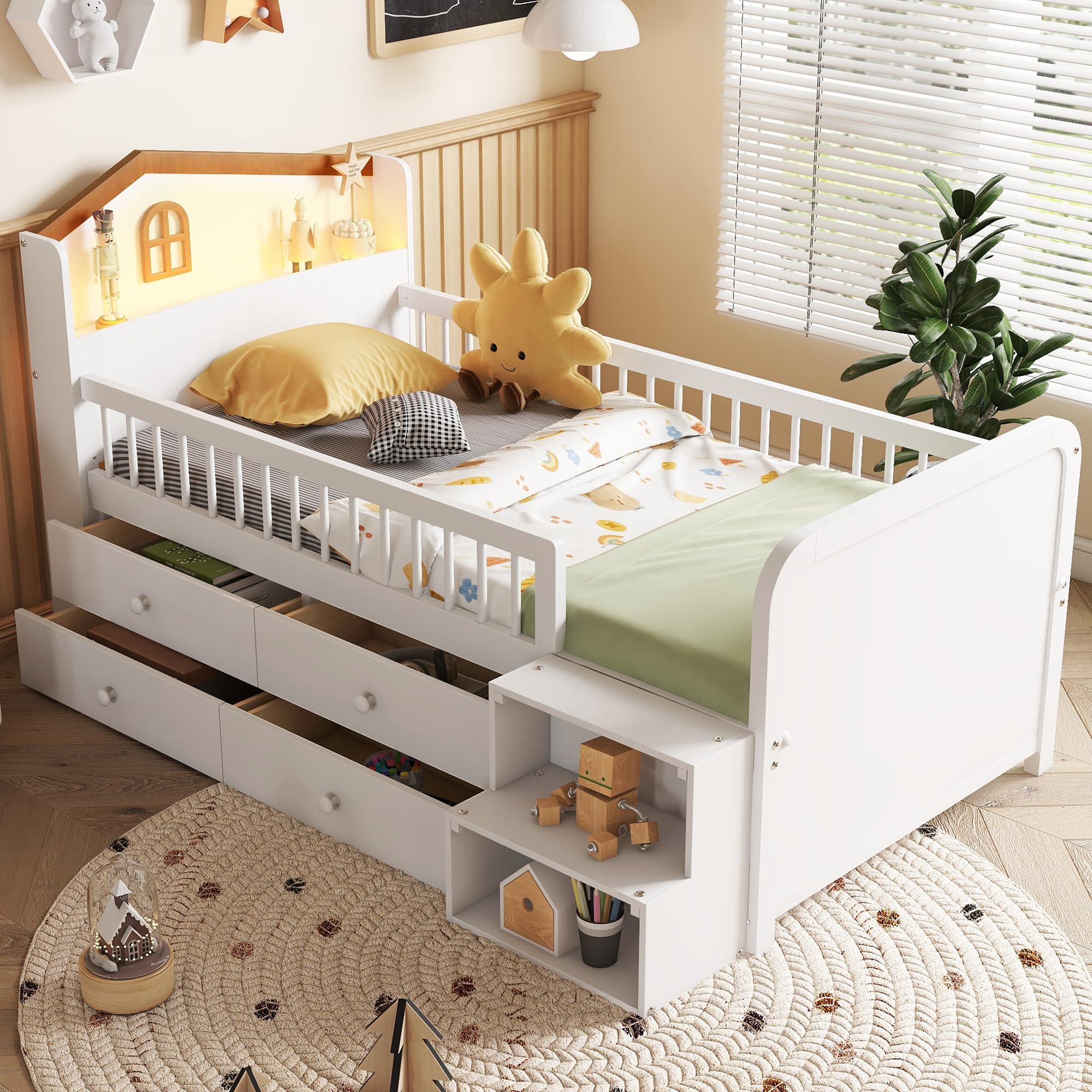 Low Loft Bed with LED Lights Wooden Twin Loft Bed with House Shape Headboard Kids Loft Bed with Storage Drawers White