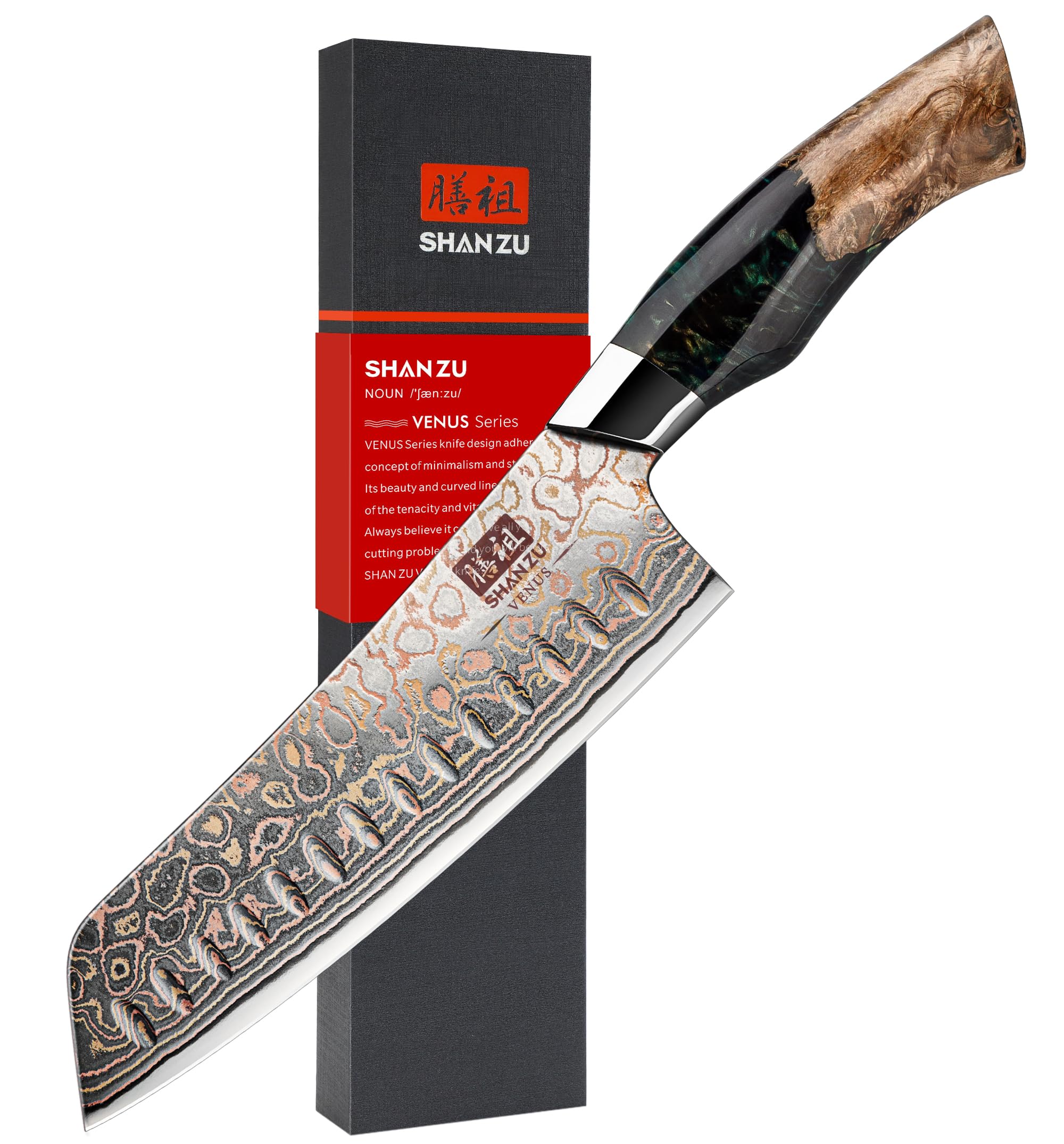 SHAN ZU Couteaux Santoku Damas 18cm, Couteau de Cuisine en Cuivre et Acier Damas 33 Couches, Couteau Japonais Santoku Professionnel Forgé à la Main avec Manche en Bois d'érable - VENUS Series