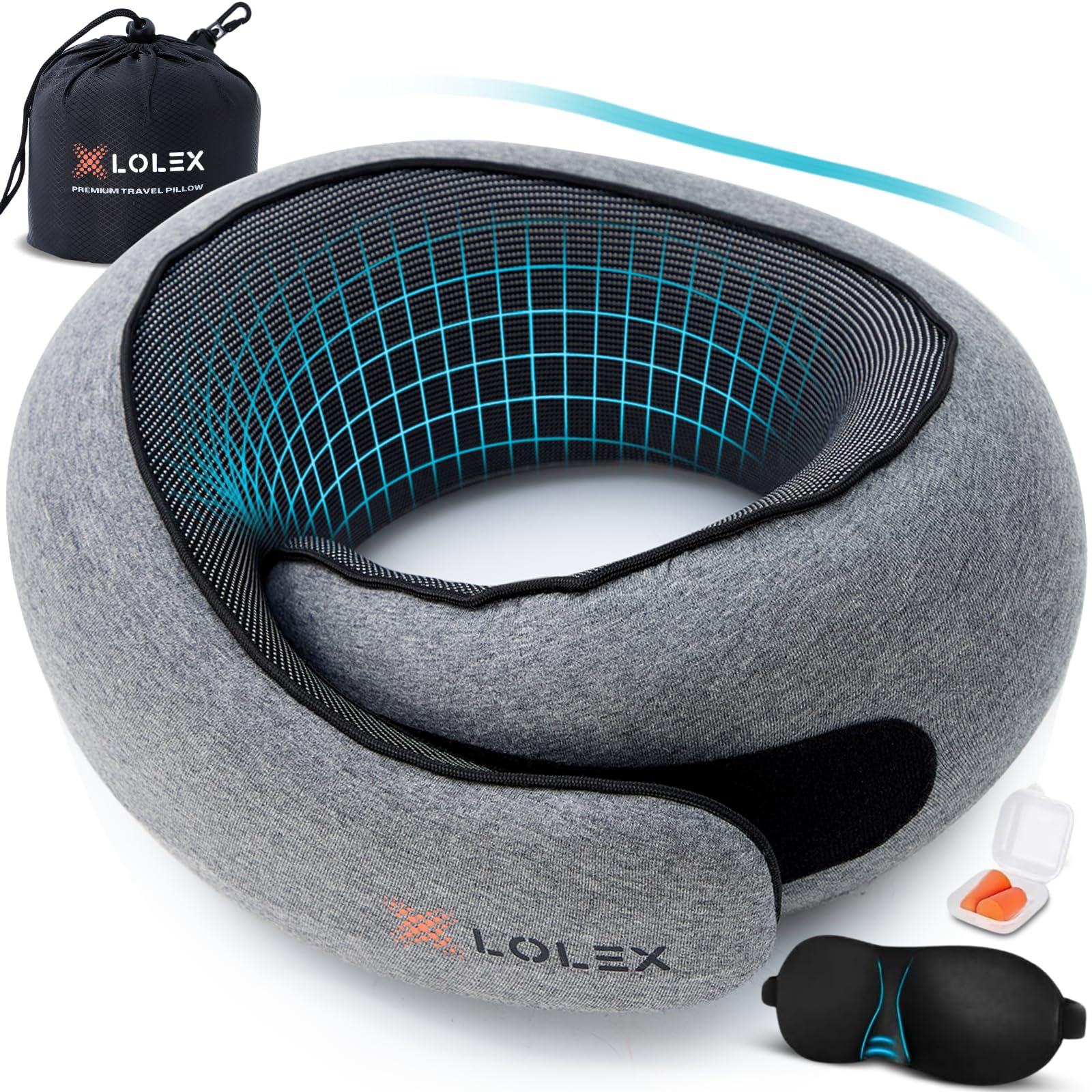 LOLEX™ Travel Pillow, Neck Pillow Travel for Airplane, Car - Super Soft Pure Cotton & Memory Foam Plane Pillow, Lightweight & Easy-to-Carry on Flight, Full Travel Set (Eye Mask, Earplugs) - Light Grey