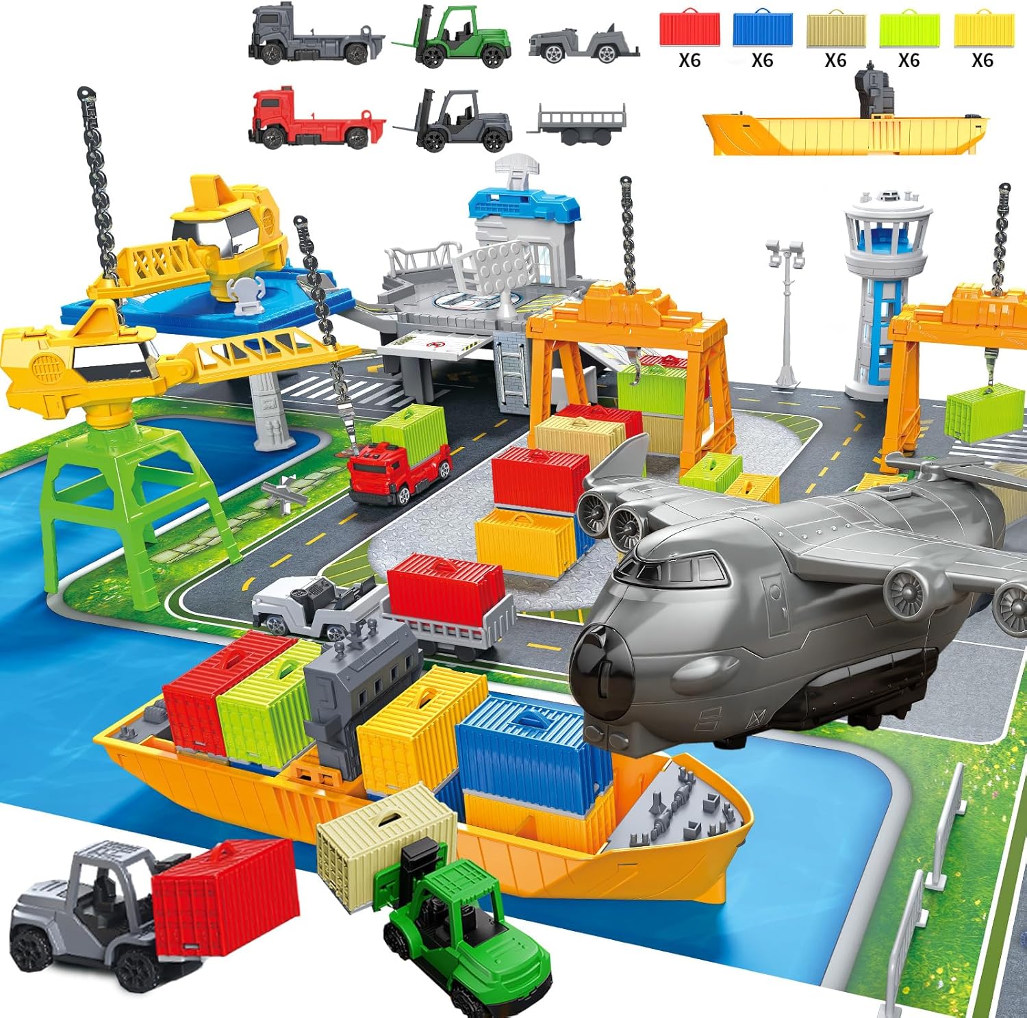 56 Piece Cargo Ship Toy Set, Transport Containers Port Playset with Play Map, Plastic Toy Boat Crane Playset for Toddlers 3+ Years Old, Ideal Gift for Boys and Girls