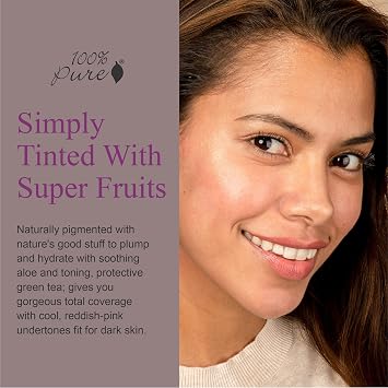 100% PURE Water Foundation Full Coverage Hydrating Makeup, Light Dewy Finish, Moisturizing Concealer Normal, Dry Skin - Fruit Pigment Color Cool 4.0 w/Reddish-Pink Undertones for Dark Skin - 1 Fl Oz