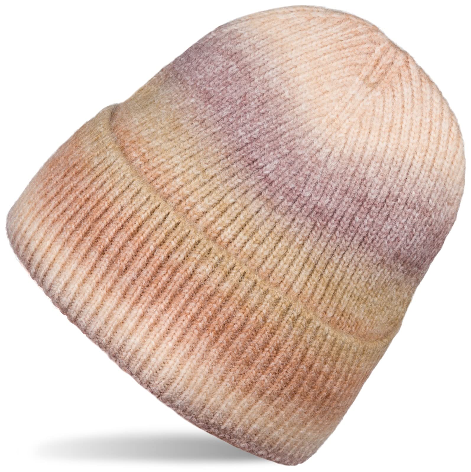 Stylebreaker Women's Rust-Beige-Aubergine Knitted Beanie With Stripes Colour Gradient In Ombré Look, Fine Knitted Hat, Knitted Beanie 04024199, Colour: