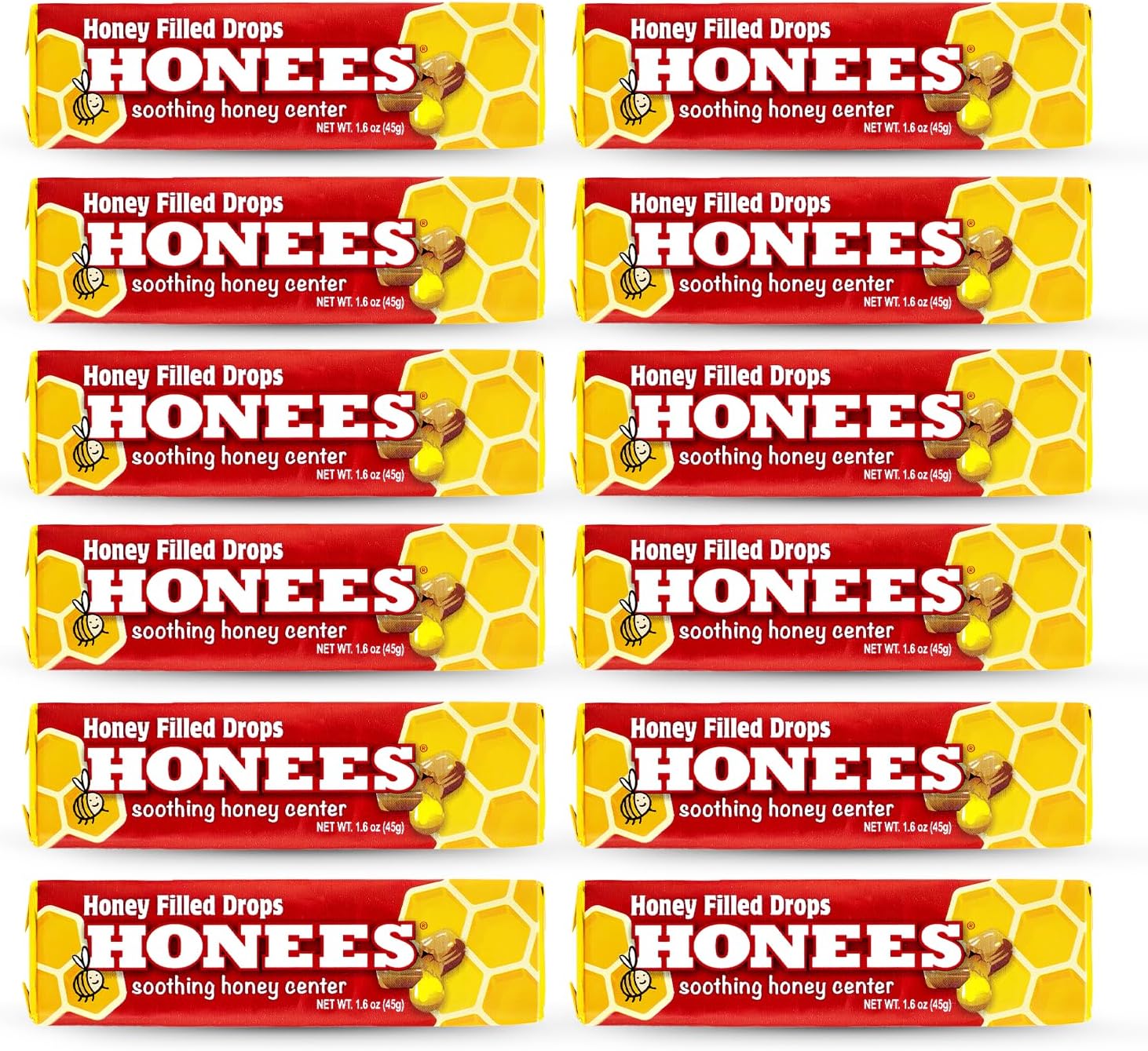 Honees Honey Filled Drops, Honey Cough Drops with Real Honey-Natural Sore Throat Relief-Nothing Artificial-Throat Coat Lozenges, Natural Cough Suppressant, Non-GMO (12 Pack – 108 Drops)