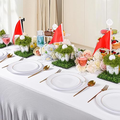 Miniatura 7 de Juego de 6 centros de mesa de golf para mesas, incluye 6 cubos de hierro, tapetes de césped artificial, banderas rojas, musgo artificial, 12 mini