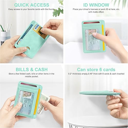 Miniatura 5 de CONISY Portatarjetas delgado para mujer, bolsillo frontal delgado de cuero con bloqueo RFID (verde menta)
