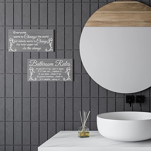 Miniatura 4 de Jetec - Decoración de pared de baño de 2 piezas, reglas del baño, arte de pared con flores, letreros de baño divertidos con temática de océano y