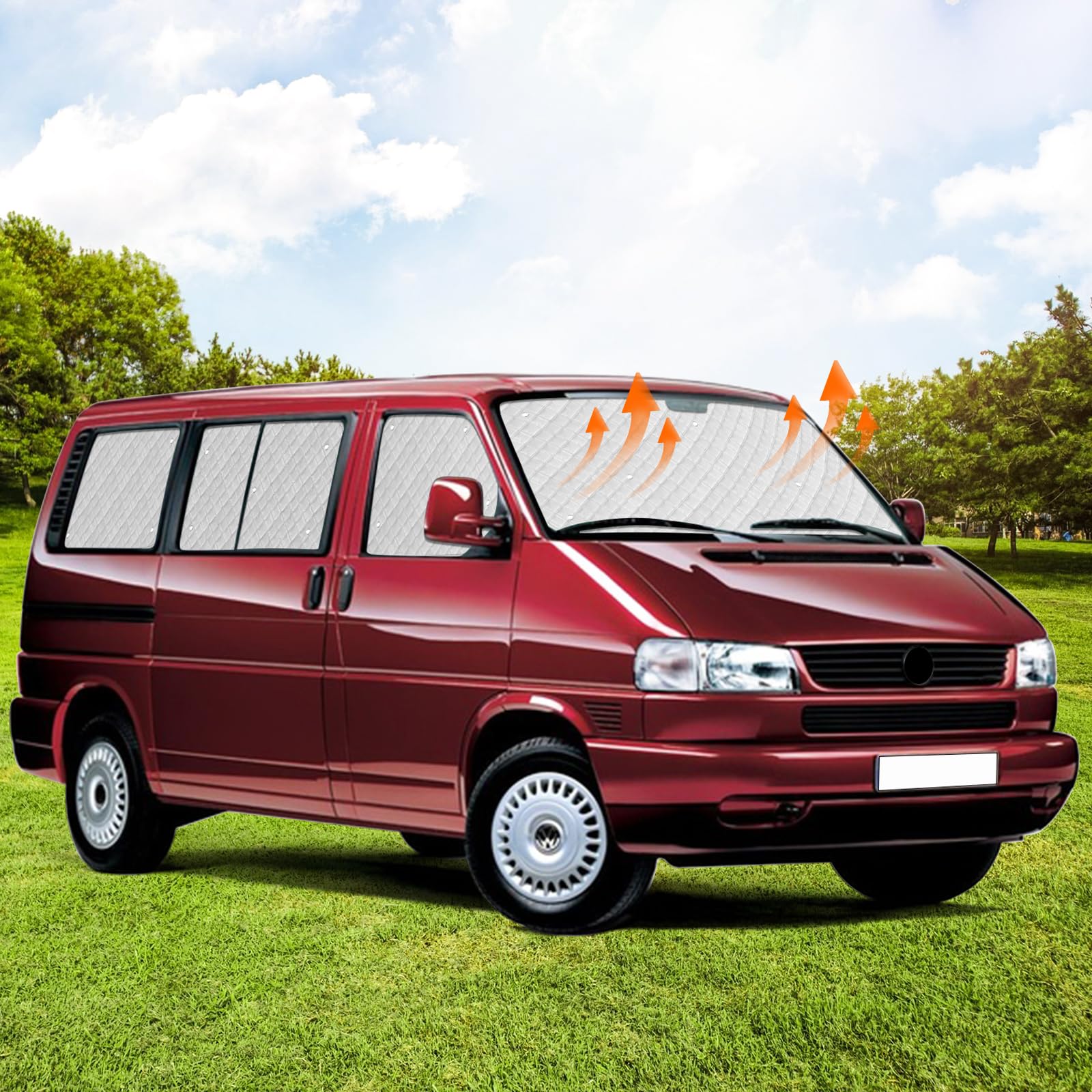 Pare-Soleil pour Pare-Brise Remplacement pour VW T4 SWB, Lot de 8 Réversibles Pare-Soleil Thermiques Internes avec Sac de Rangement, Ensemble de Vitres Avant, 100% Occlusion