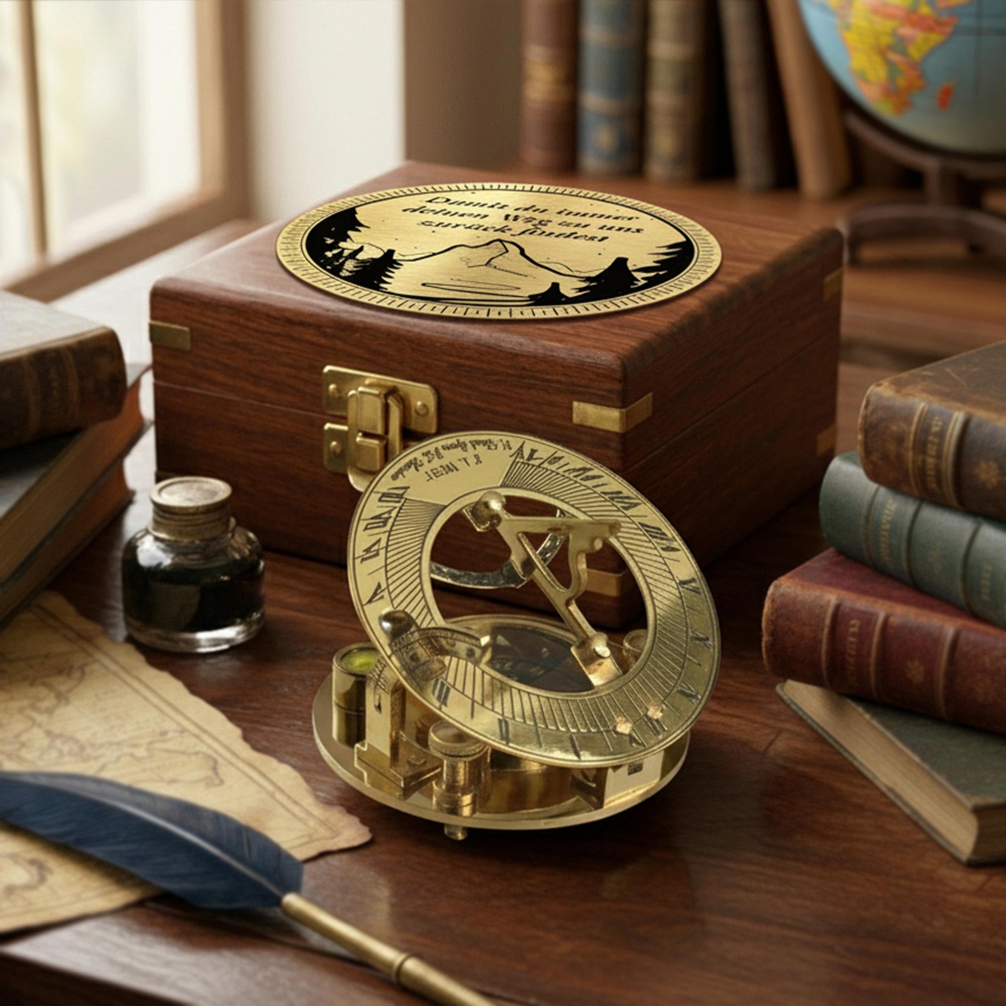 Casa Vivente Sonnenuhr-Kompass aus Messing mit eleganter Holzbox und personalisierten Gravur, Nautische Geschenkidee