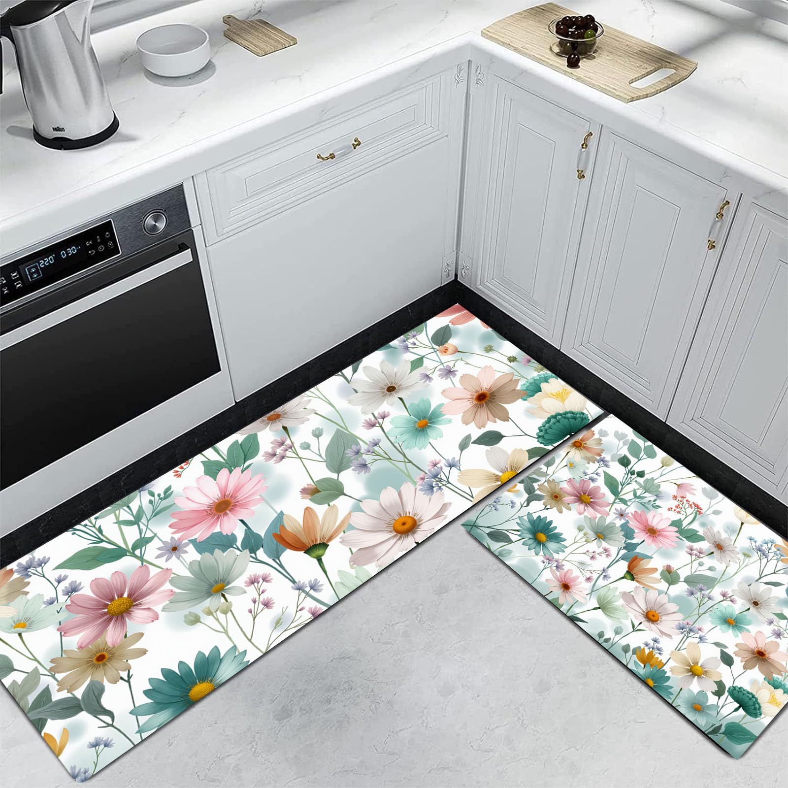 Tapis de cuisine antidérapant lot de 2 lavable et grand format style marguerite vert