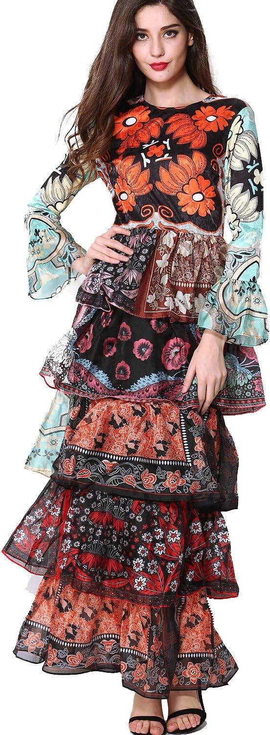 Full Flare Sleeve Cascading Ruffle Vintage Women Long Dresses