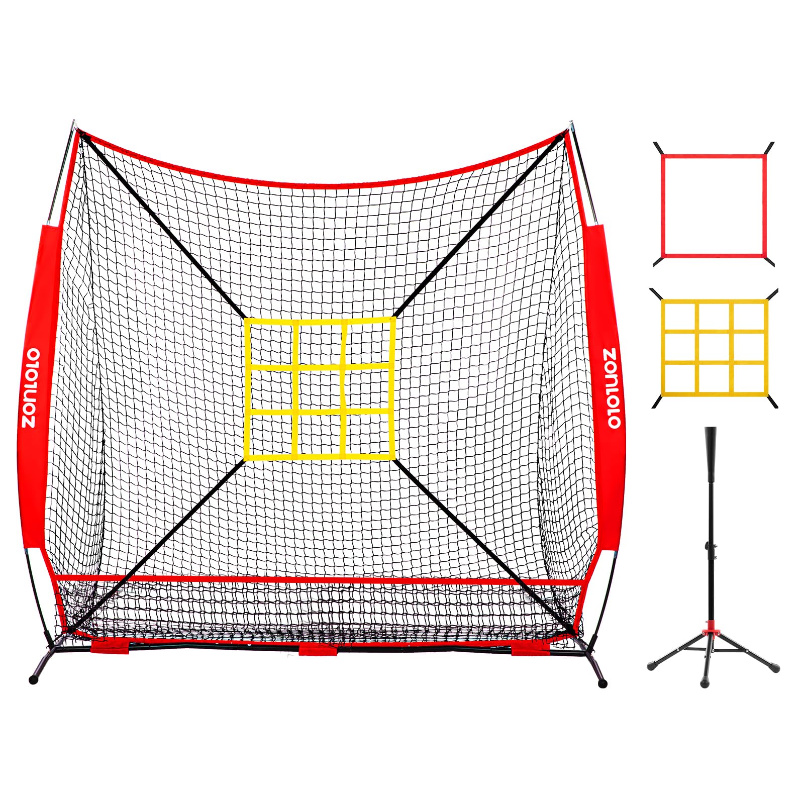 7x7 ft Baseball Net, Pitching & Batting Net with Batting Tee, Designed with Large Ball Collection System, 2 Strike Zones, Carry Bag, Baseball Softball