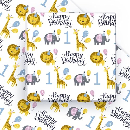 WRAPAHOLIC 1st Birthday Wrapping Paper Sheet - 6 Sheets Cute Animal Design Folde