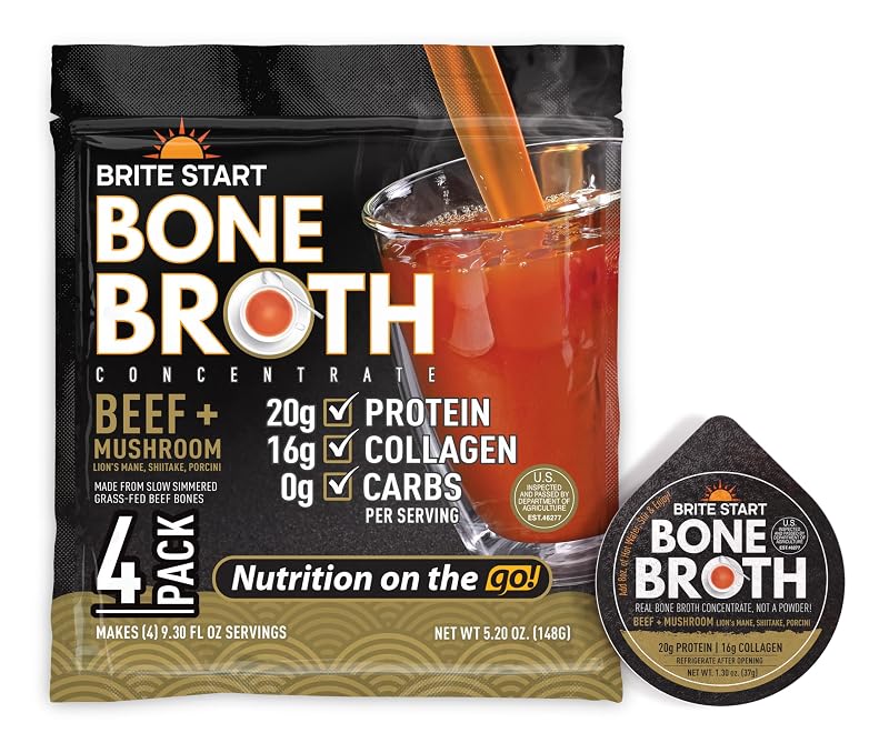 Brite Start Caldo de ossos concentrado de carne bovina com cogumelos, 20 g de proteína e 16 g de colágeno, 4 sachês