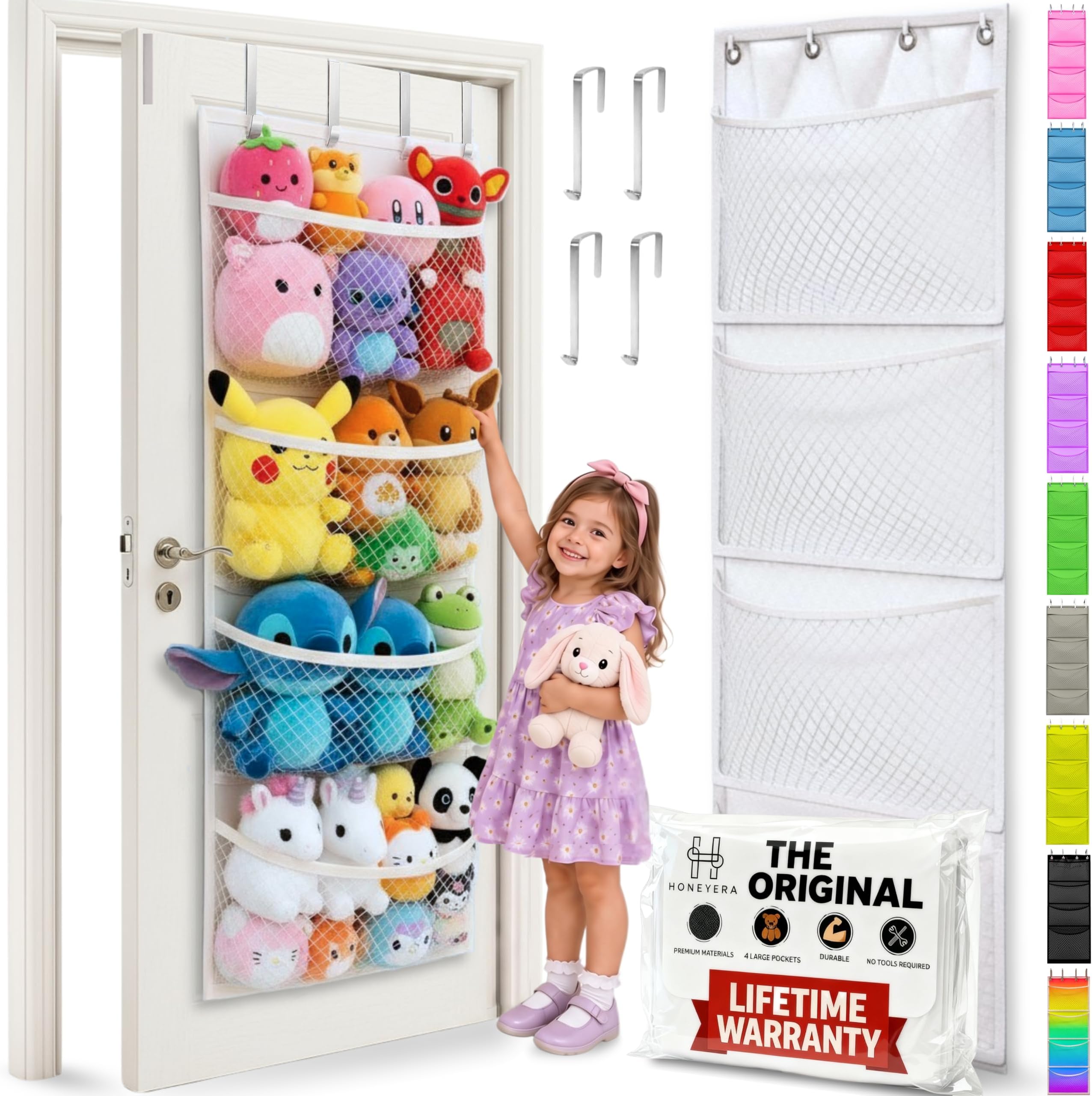 Honeyera The Original Stuffed Animal Storage (Patented) - Over Door Organizer for Stuffies, Baby Ideas Holder, Toy Plush Hammock Hanging Net Big Girls Toddler Large Bag Animals Stuffy Behind