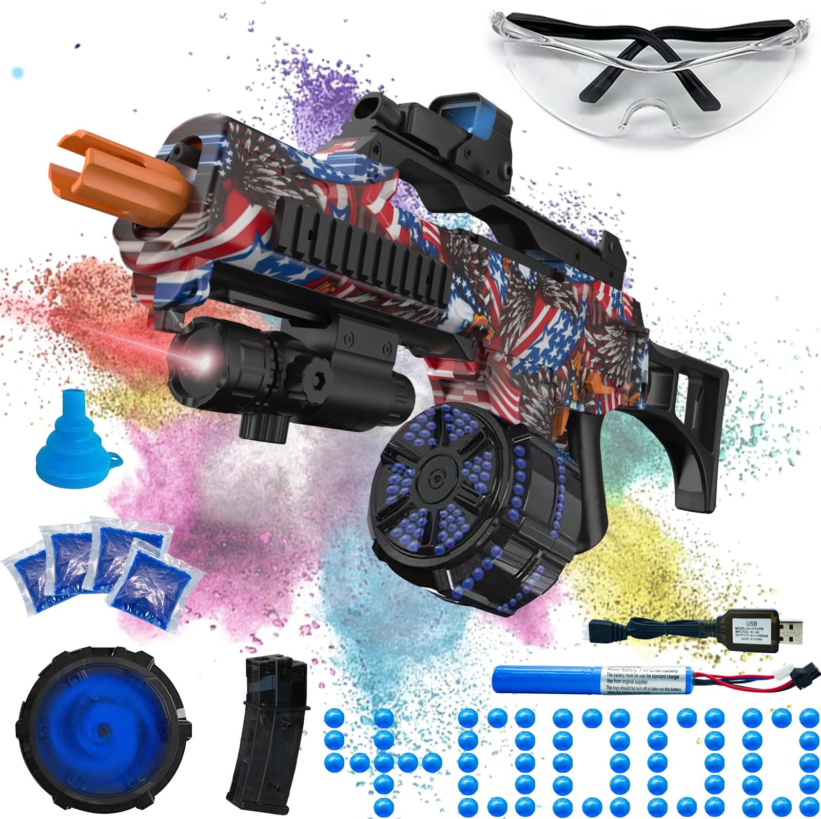 Electric Gel Ball Blaster, High Speed Automatic Splatter Ball Blaster with 45000+ and Goggles, JIFTOK Rechargeable Splatter Ball Toys for Outdoor Activities Shooting Game Party Favors-Flag