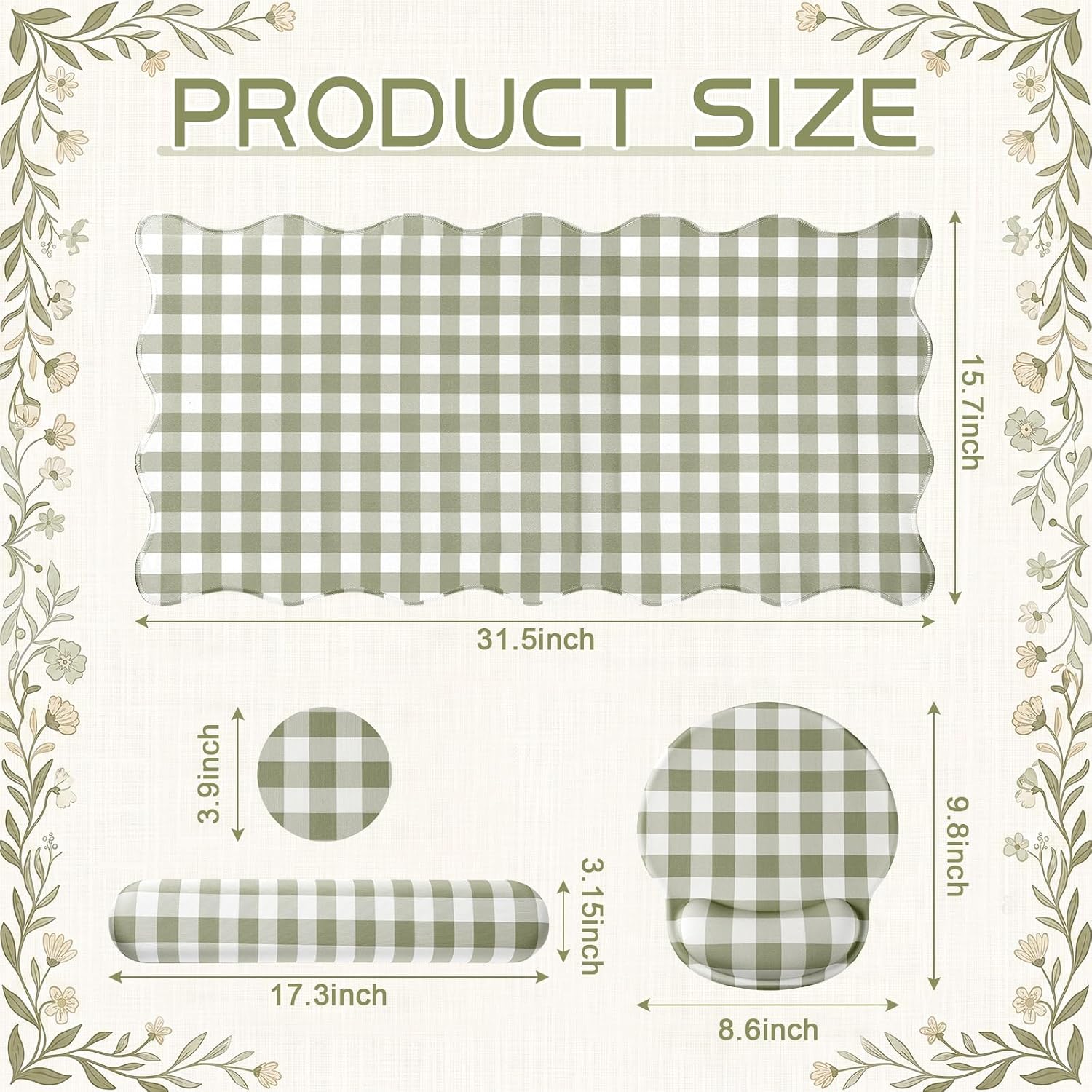 Sabary Gingham Desk Mat Scalloped Sage Green, 31.5 x 15.7 Inch image 2