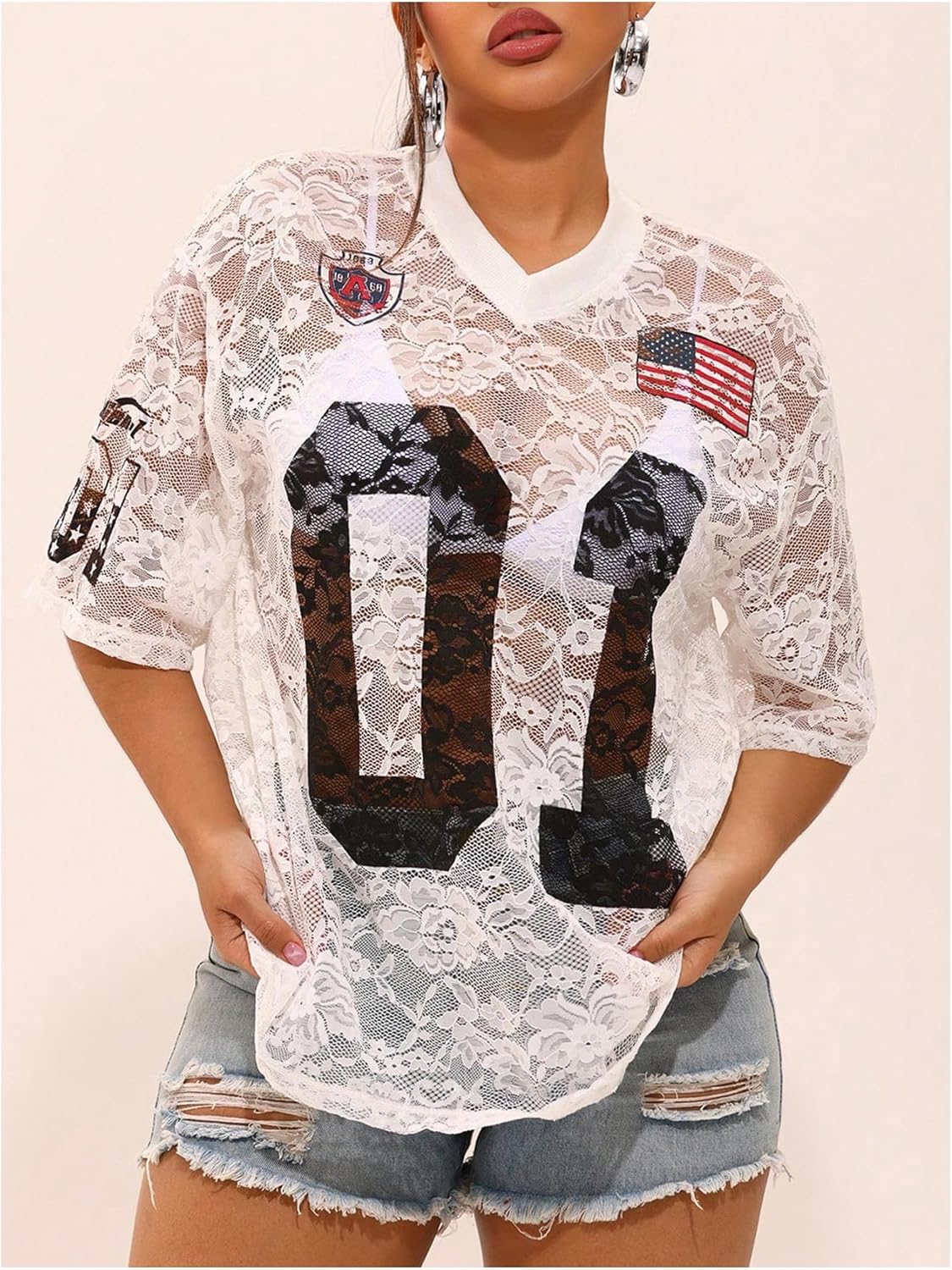 Verdusa Women's Lace Floral Graphic Jersey Shirts Sheer Half Sleeve V Neck Number Shirt - Image 3
