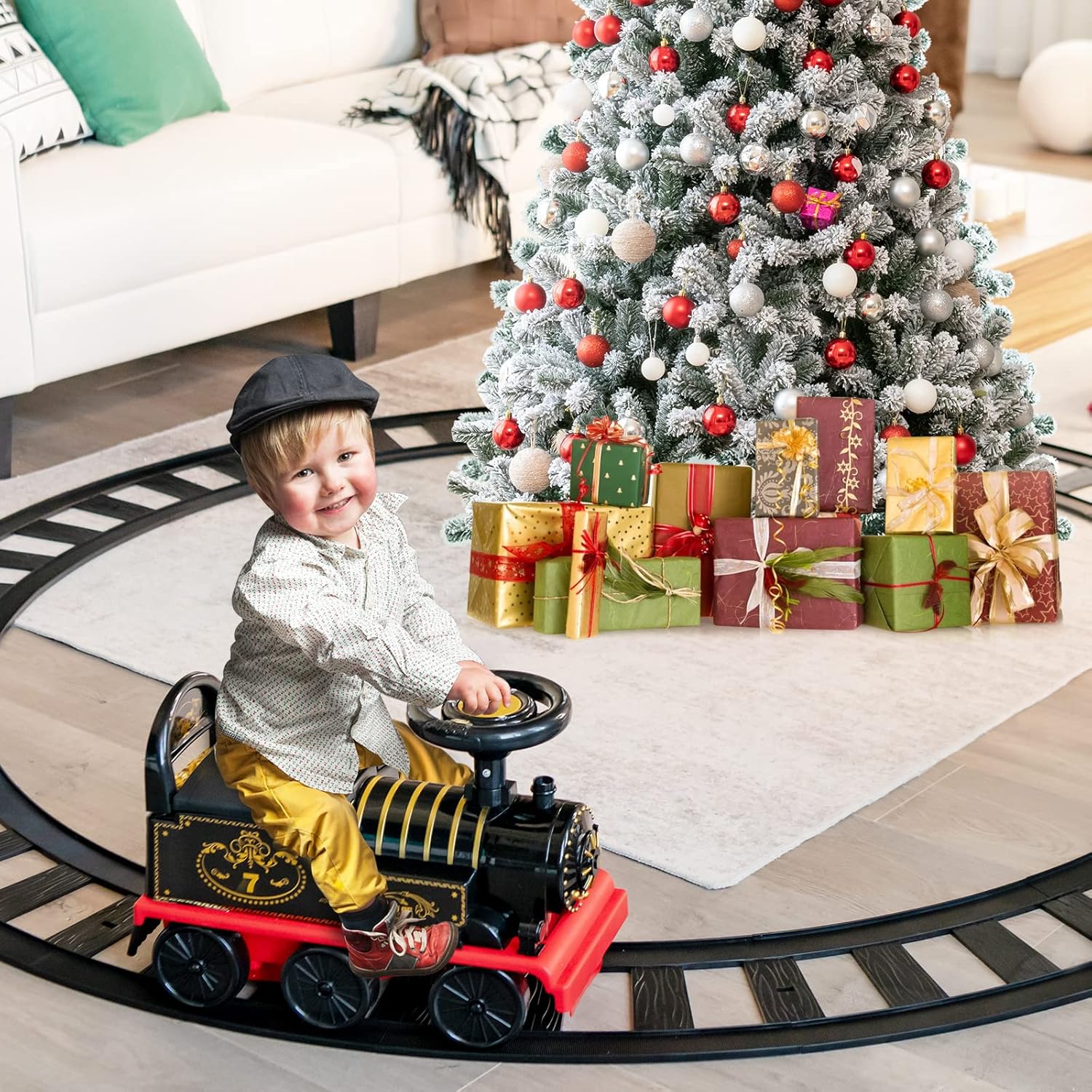 Costzon Ride on Toys, 6V Electric Ride on Train with Tracks, Storage Seat, Flashing Lights & Music, Backrest, Anti-tilt Device, Gift for Toddler Boys & Girls, Battery Powered Ride on Car (Black)