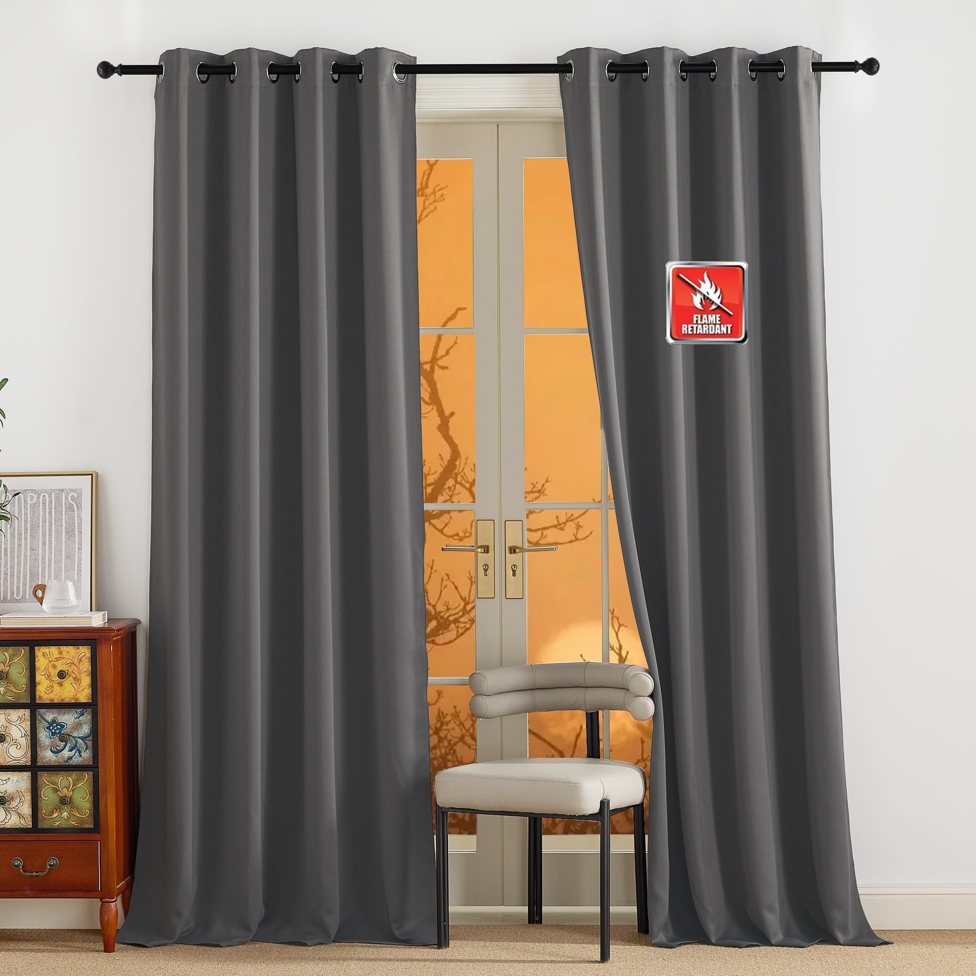 NICETOWN Fire Resistant Grey Blackout Curtains & Drapes 95 inches Long 2 Panels for Office and Factory, 52 x 95 Room Divider Room Darkening Window Treatemnts Privacy Protection Outdoor Camping
