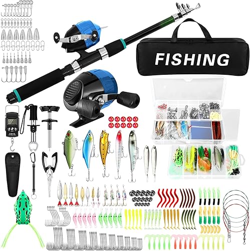 Juego combinado de caña de pescar y carrete de 310 piezas, caña de pescar telescópica con carretes giratorios, bolsa de transporte para agua salada