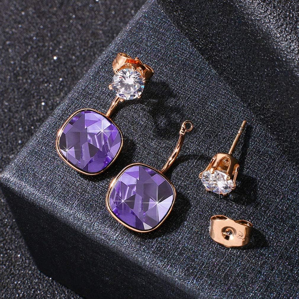 Austrian Crystal Front Back 2 in 1 Square Cushion Drop Earrings for Women 14K Gold Plated Hypoallergenic Earring Jackets