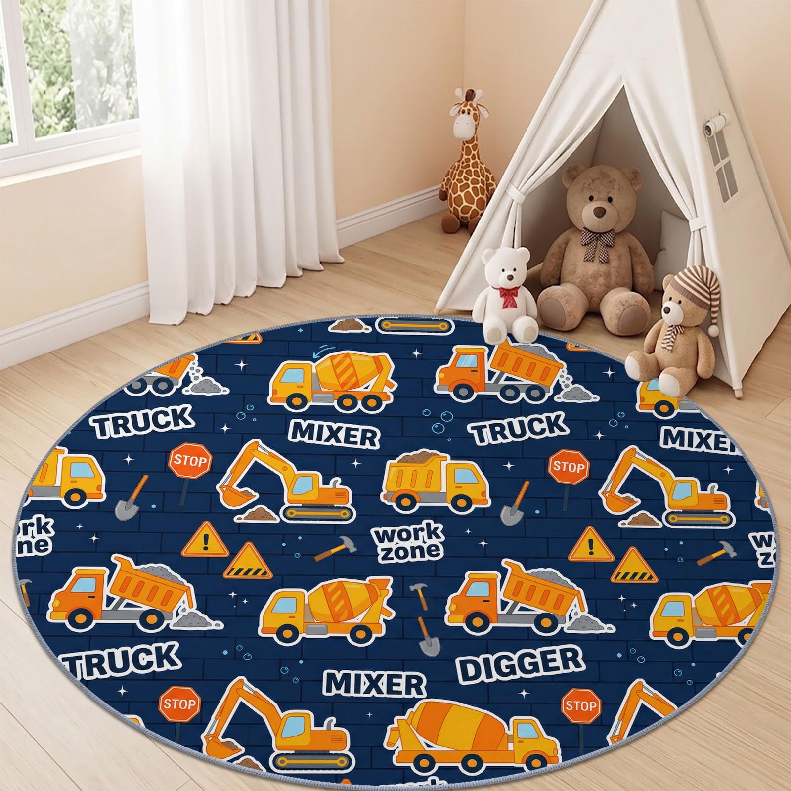 Alfombra redonda de 200 cm, lavable, para habitación de bebé, antideslizante, diseño de dibujos animados, suave, de pelo bajo, diseño de dibujos animados, para decoración del hogar, color azul y