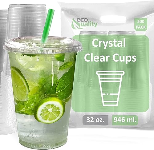 Vasos desechables de plástico transparente con tapas y popotes para batidos, 500 unidades, 32 onzas (onzas), taza de PET transparente para batidos,