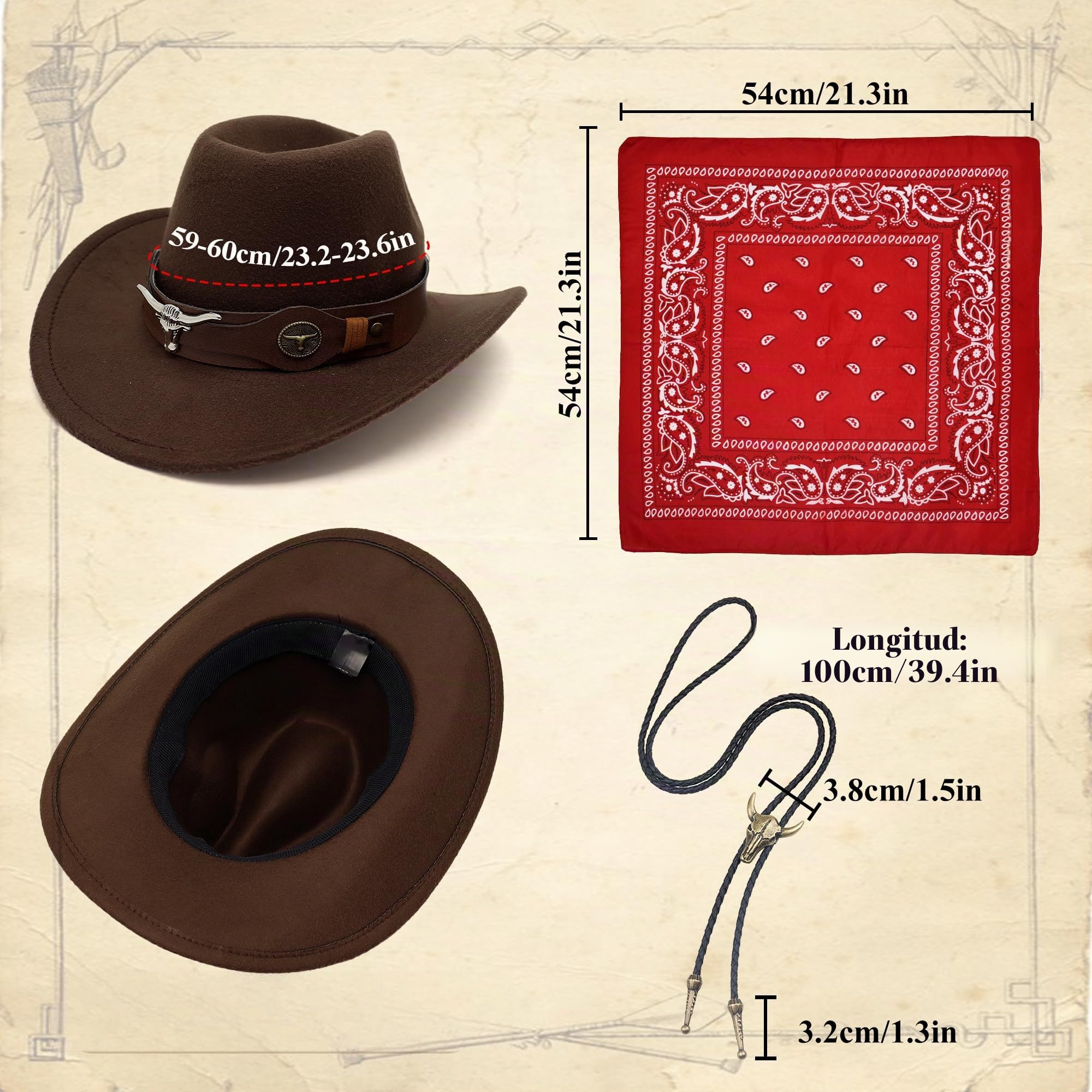 Disfraz de Vaquero para Hombres Cosplay Cowboy Chaleco con Flecos Sombrero Pañuelo Collar para el Carnaval Disfraces Hippie para Adultos