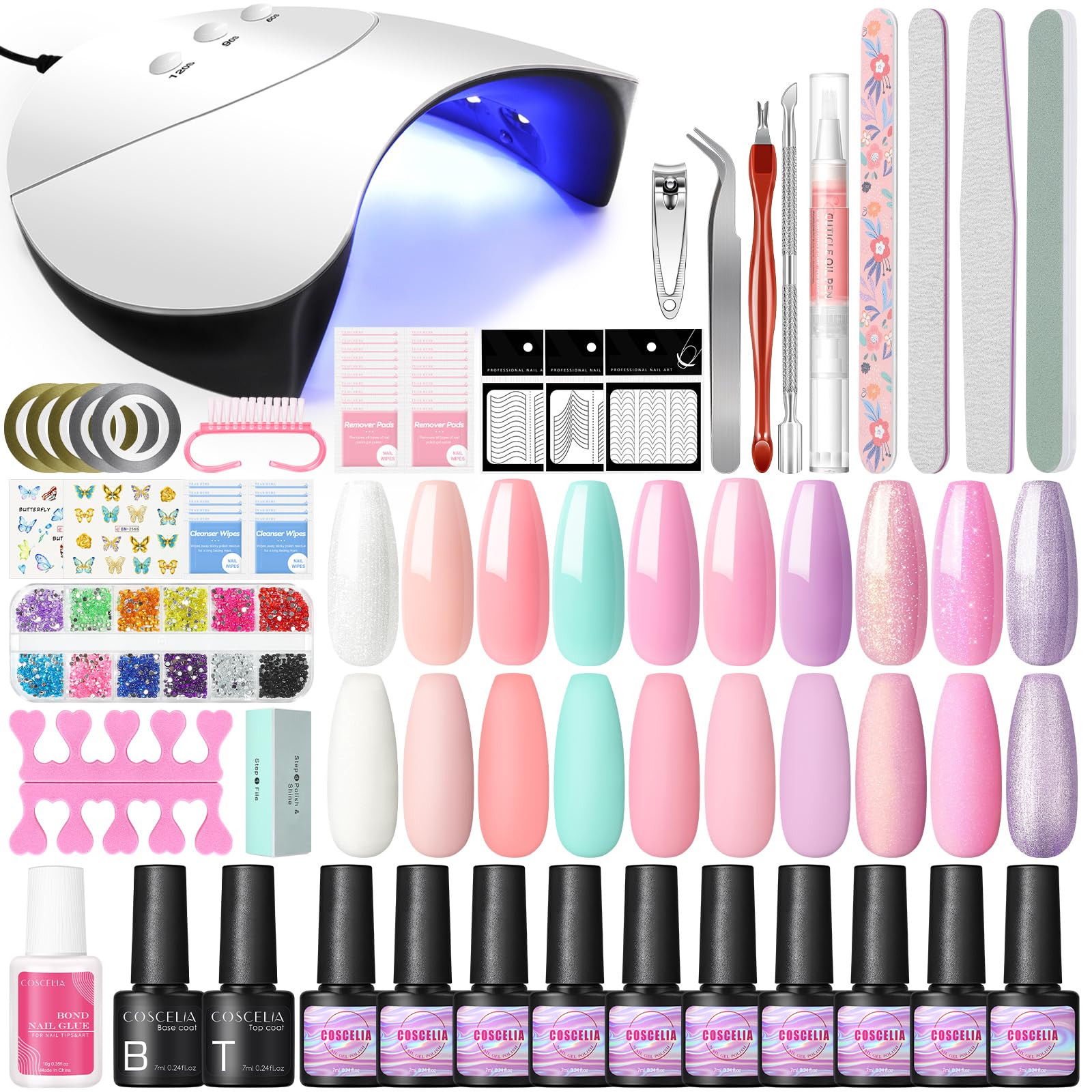 COSCELIA Kit Uñas Semipermanentes Completo, 36W Lampara Led Uñas Semipermanentes, 10 Colores Esmaltes Semipermanentes Kit Uñas, Set de manicura profesional Decoración de uñas