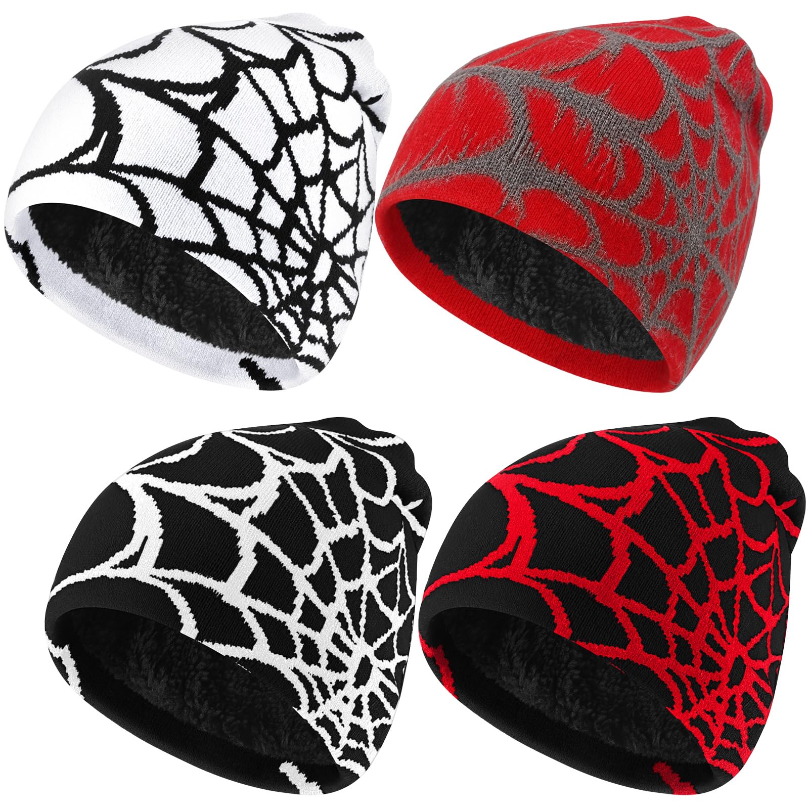 Jeyiour 4 gorros Y2k con patrón de telaraña, gorro gótico de punto acrílico, estilo casual, ropa de calle al aire libre, para hombres y mujeres