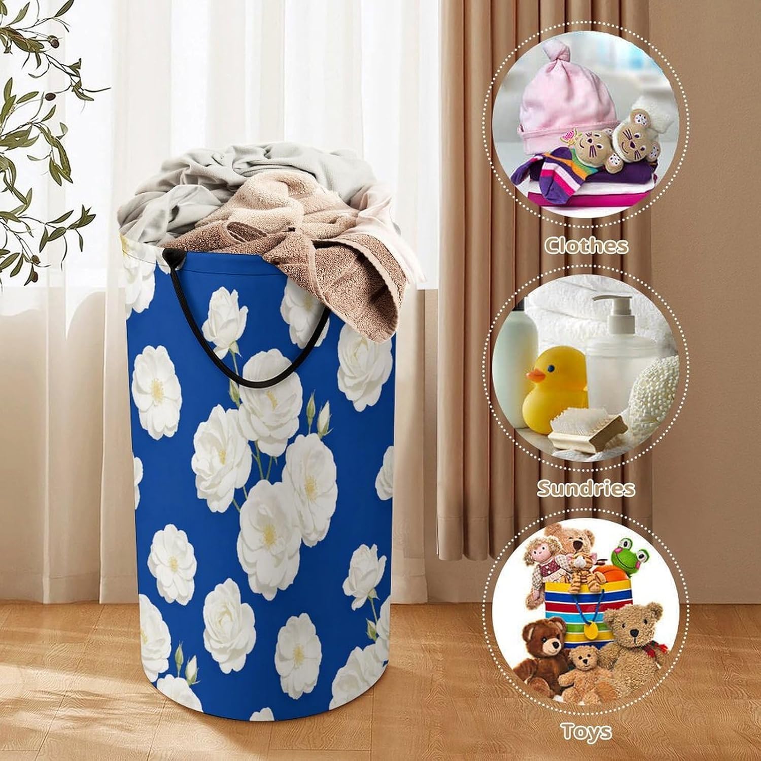 Oxford Blue And White Flowers Laundry Hamper Portable Lightweight Clothes Hampers Fashion Dirty Laundry Storage Basket Large Capacity Foldable Clothes Baskets for Bathroom Bedroom