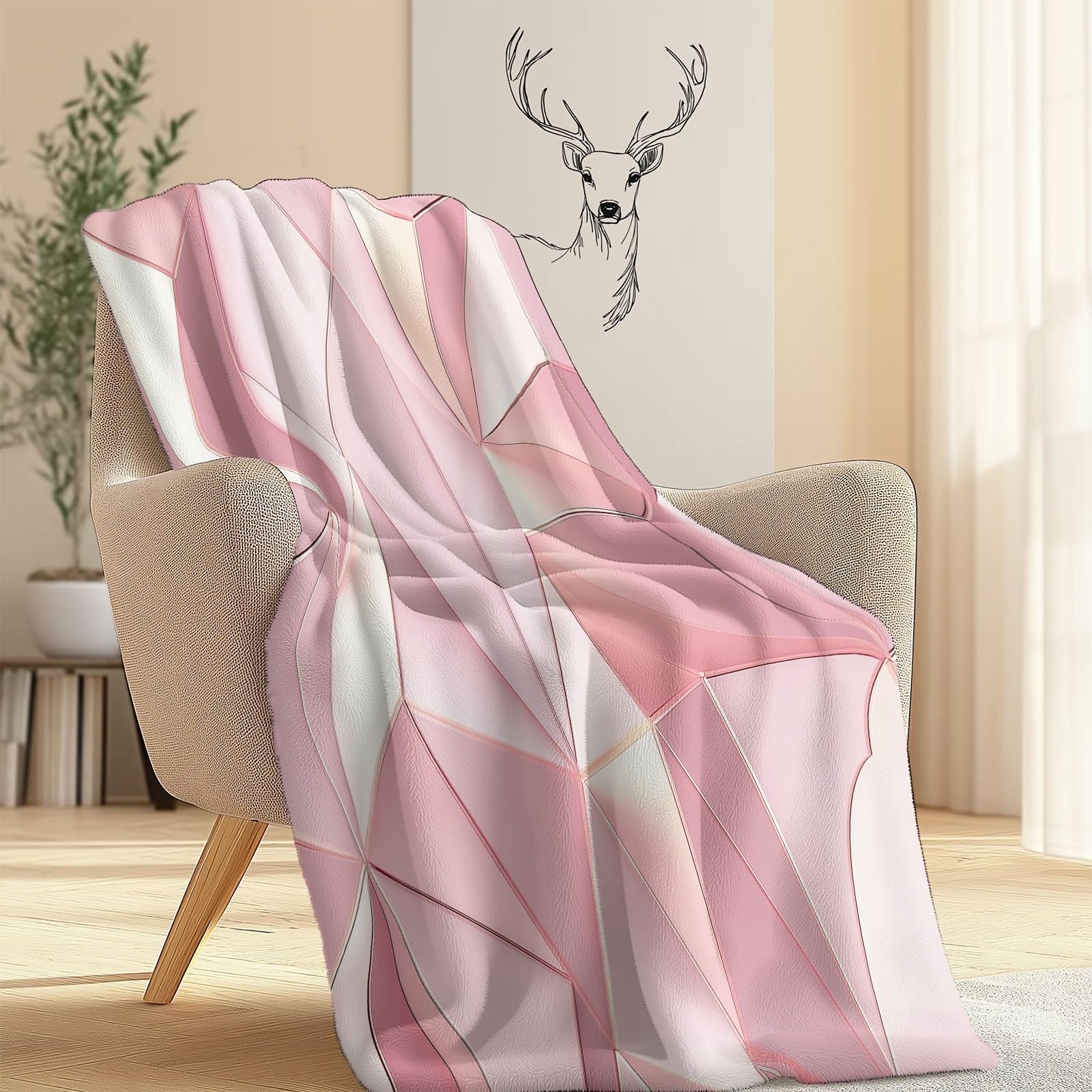 Nowy termiczny super miękki flanelowy koc narzuta na łóżko podwójne (200 x 220 cm) - różowy miękki ciepły gruby dwustronny pokrowiec na sofę, minimalizm romantyzm geometryczny koc na sofę do salonu