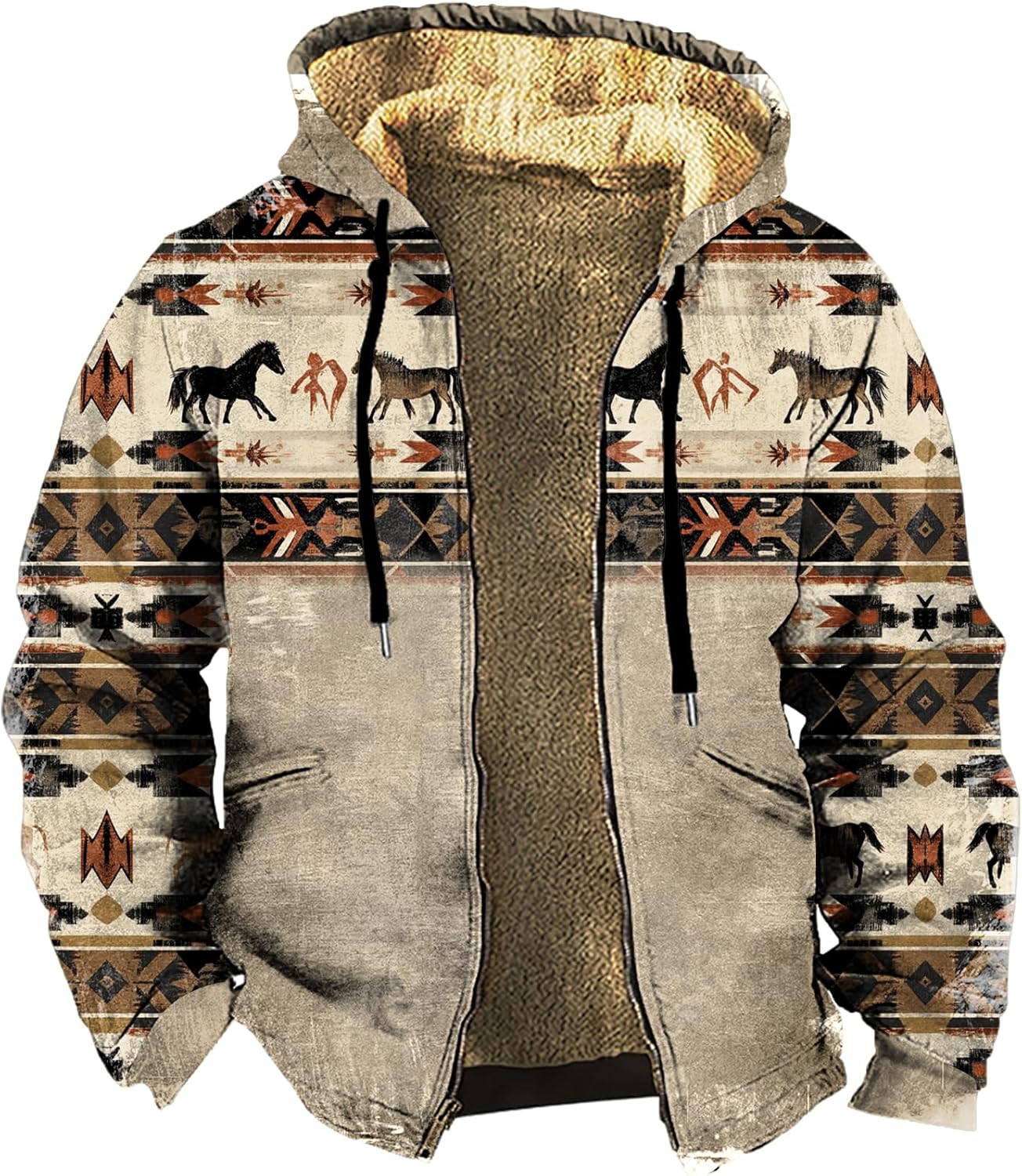 Western Cowboy Aztec Ethnic Vintage Winter Jackets for Men Sherpa Fleece Zip Up with Hood Heavy Warm Coats