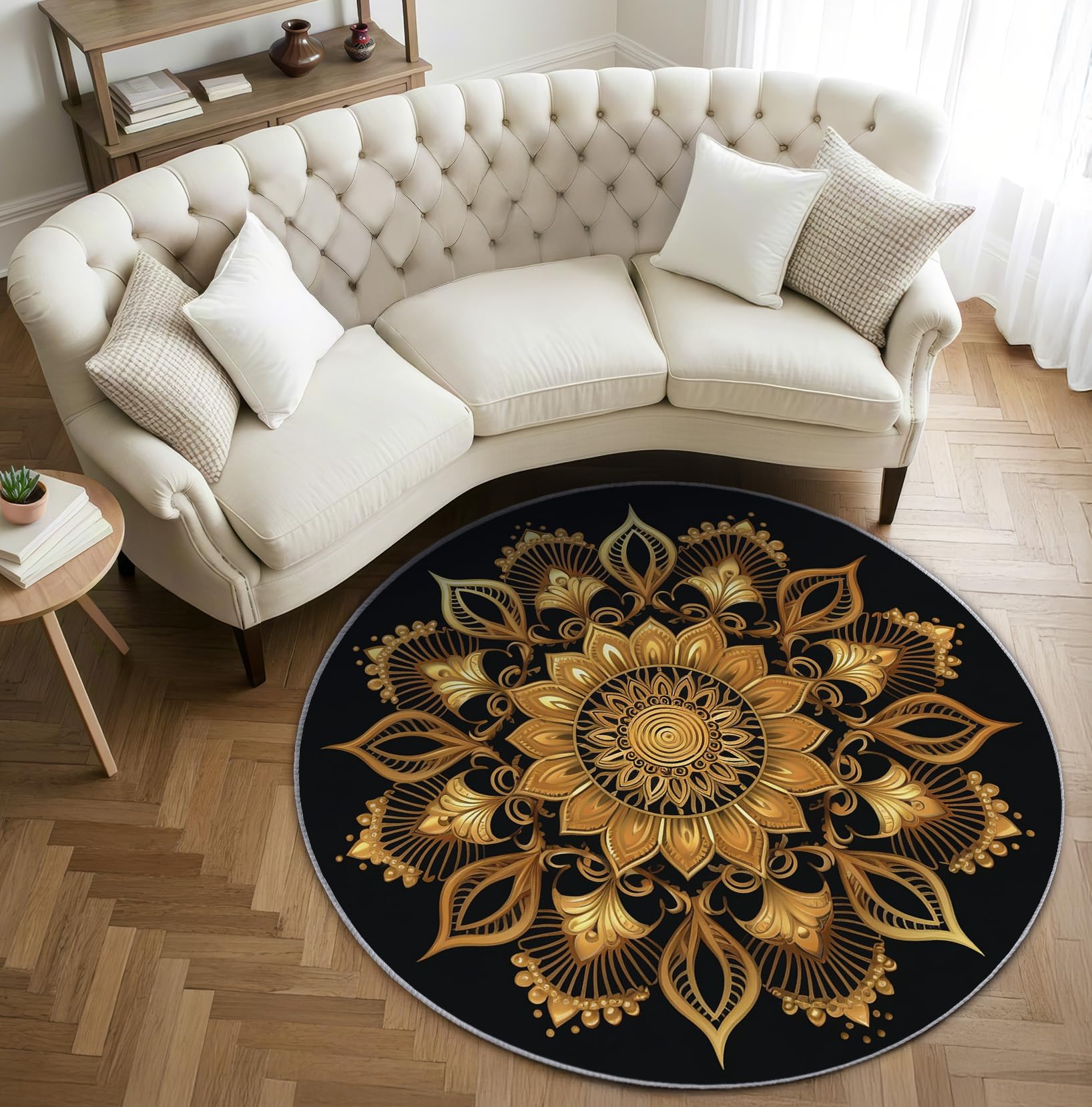 Mandala Teppich Rund 120cm Kurzflor - Waschbare Teppiche Wohnzimmer Schwarz Gold - Runder Teppich 120 Durchmesser Kinderzimmer - Bettvorleger Schlafzimmer rutschfest Weich