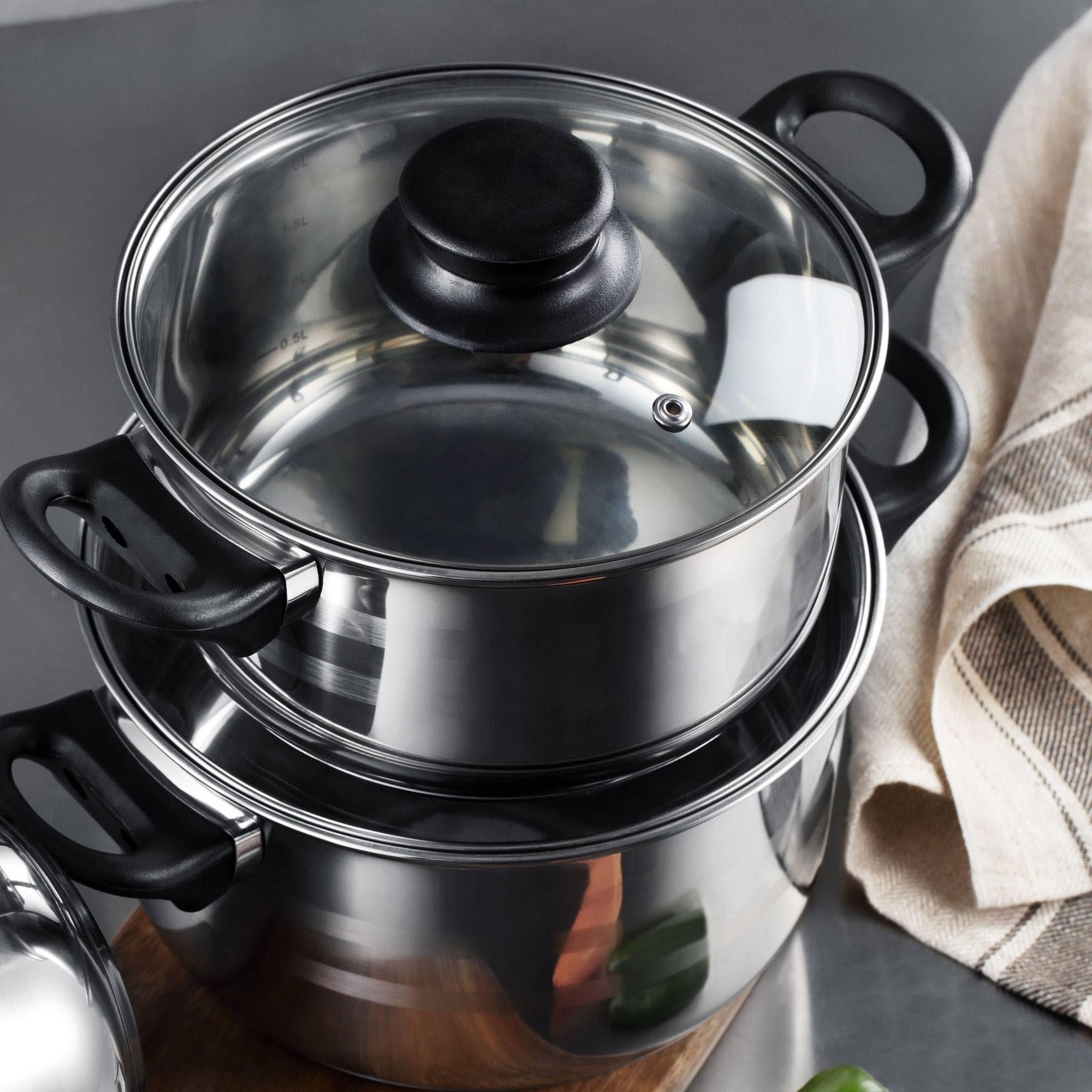 Well Home Pack Batería de cocina 5 Piezas en acero inoxidable + Sartenes Ø16Ø20Ø24Ø28cm Aluminio prensado Cobre metalizado