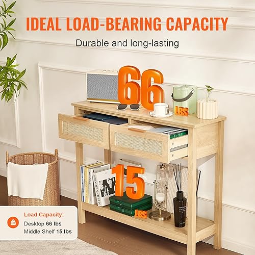 Miniatura 5 de VEVOR Mesa consola de ratán con 2 cajones de almacenamiento, mesa de entrada de ratán con puerta corredera de ratán natural, mesa de sofá para sala