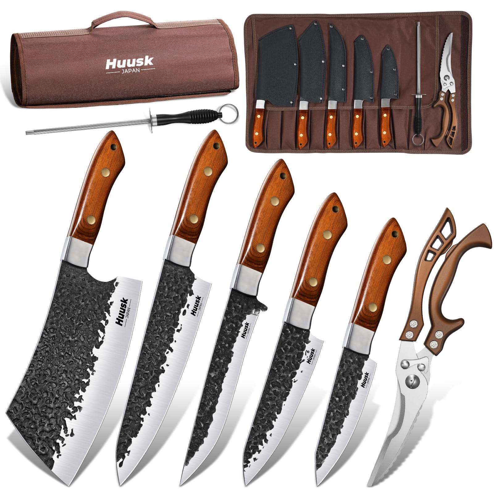 Huusk 7 PCS Butcher Knife Set for Meat Cutting with Roll Bag, Gifts for Men