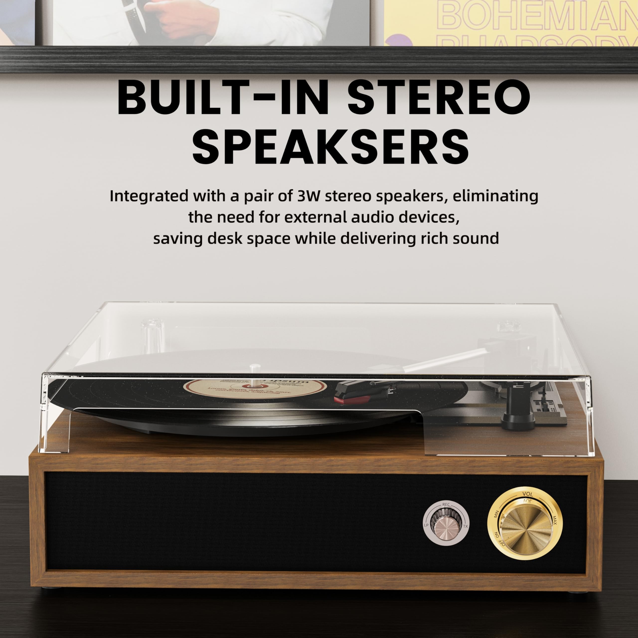 FYDEE Tocadiscos de Vinilo con USB para Grabación y Reproducción, Bluetooth Bidireccional, Altavoces Integrados y Compatibilidad 33/45/78 RPM, Auto Stop y Tapa Antipolvo - Teca