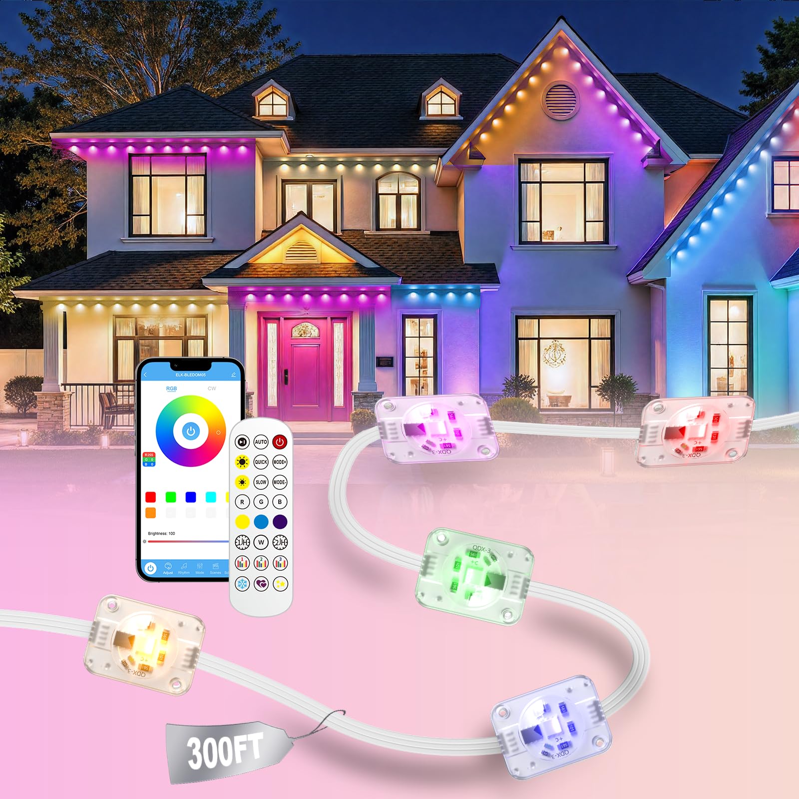 Photo 1 of Yolsunes Permanent Outdoor Lights for House, 300ft RGB+IC Smart LED Eaves Lights, IP67 Waterproof Outdoor Lighting with App/Remote Control for Christmas, New Year, Halloween, Holiday, Party, Daily